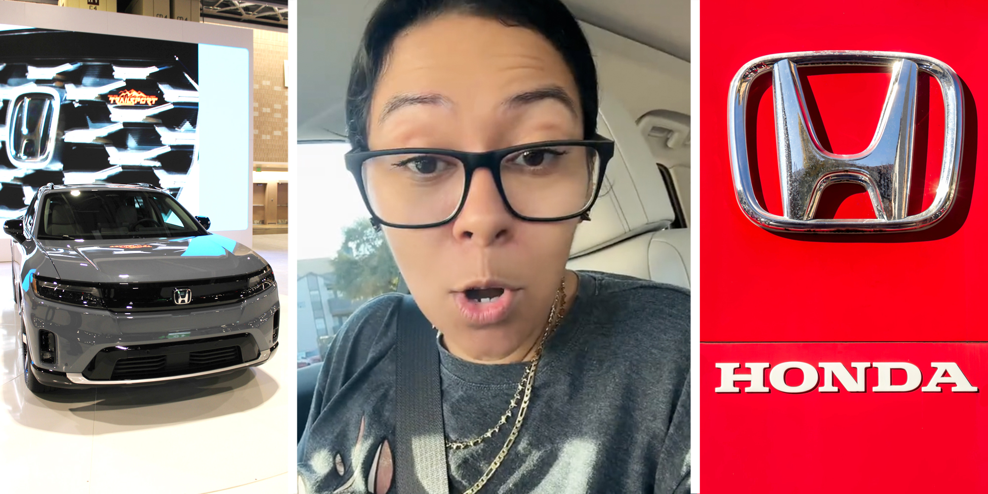 Honda Prolouge(l), Woman talking(c), Honda sign(R)