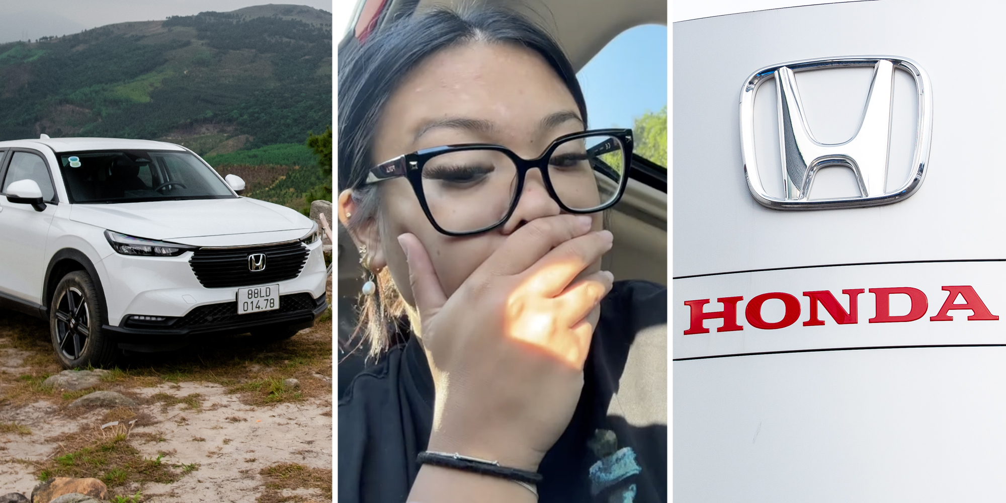 Honda HR-V(l), Woman with hand over mouth(c), Honda sign(r)
