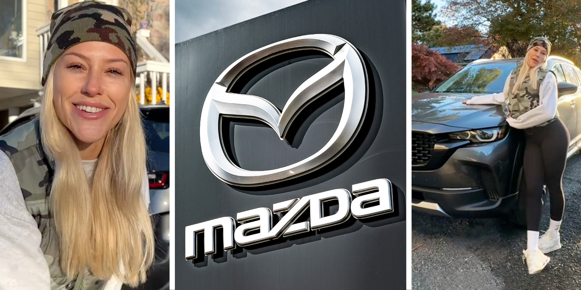 Woman talking(l), Mazda sign(c), Woman by car(r)