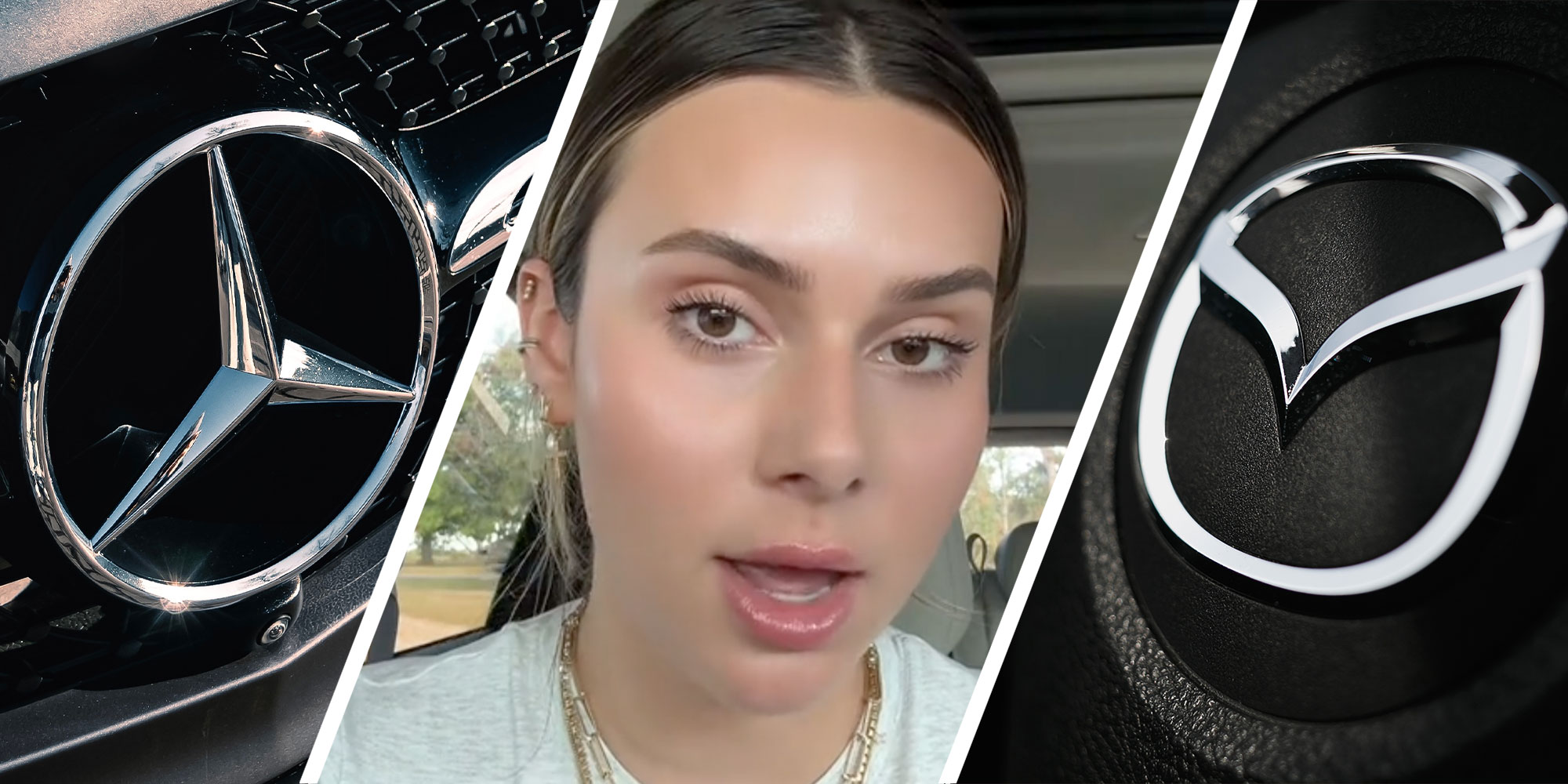 Three panel design with panel one showing a Mercedes Logo from the grill of a car, the middle panel is of a woman talking, she appears to be in her car. The last panel is of a Mazda logo from the grill of a car.
