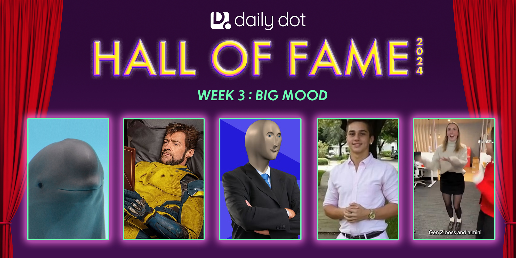 Hall of Fame with smiling dolphin, Hugh Jackman as Wolverine, Stonk, Lucky Luciano, Gez boss and a mini