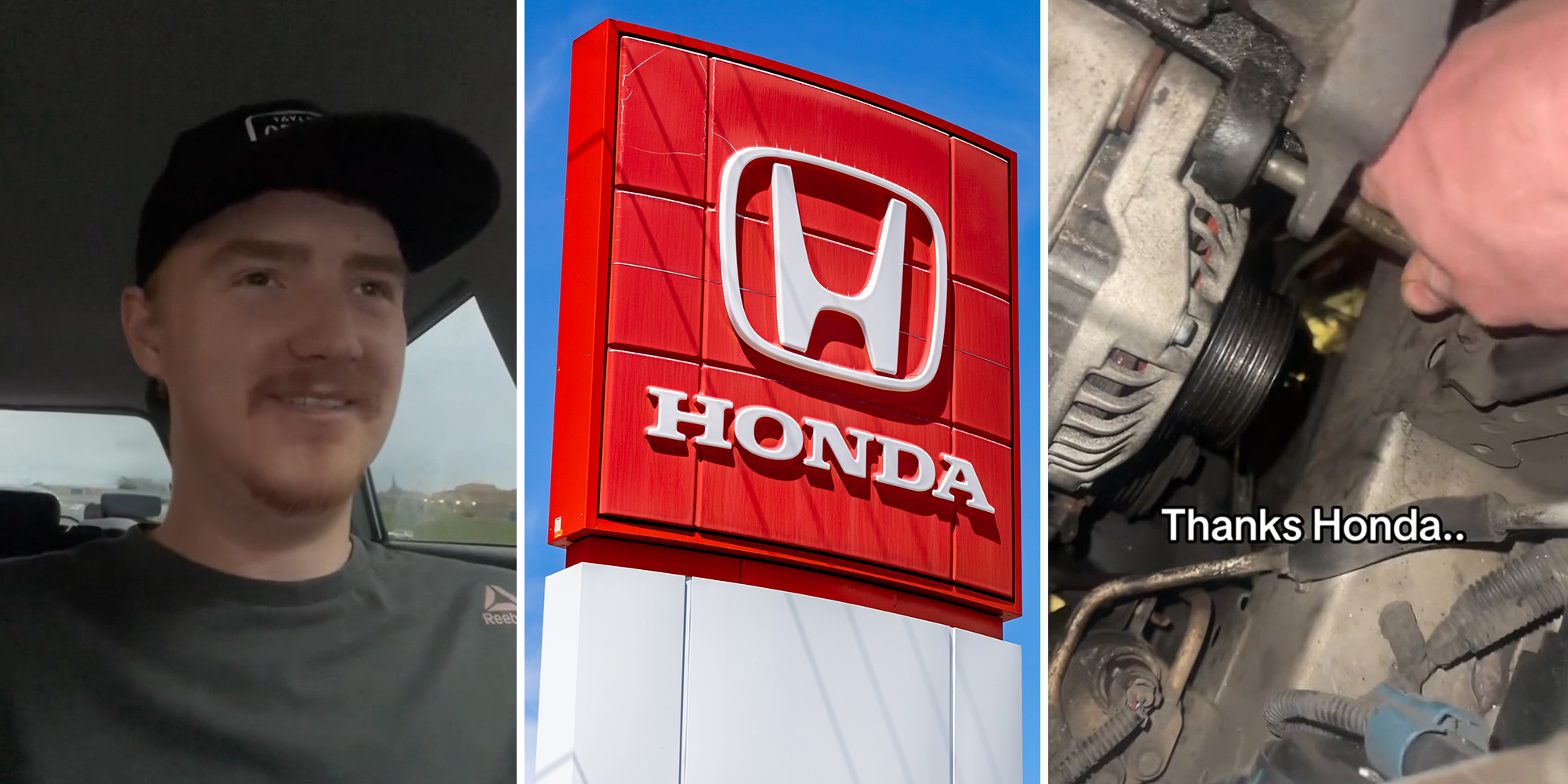 Man smiling (l) Honda Dealer Sign(c) Person Checking Engine(r)