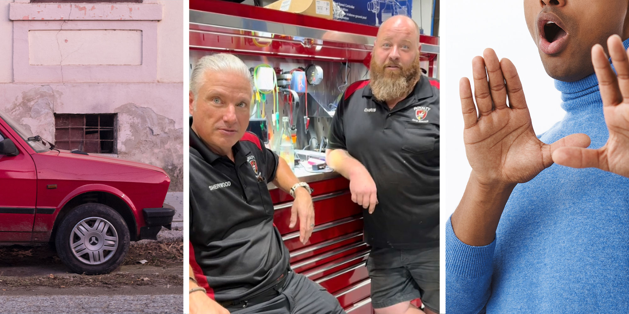 Three panel design with one showing a front end of a red car the middle panel is of two men from inside of a car repair shop, they are surrounded by tools. The last panel is of a person showing a shocked expression of, "get that far away from me."