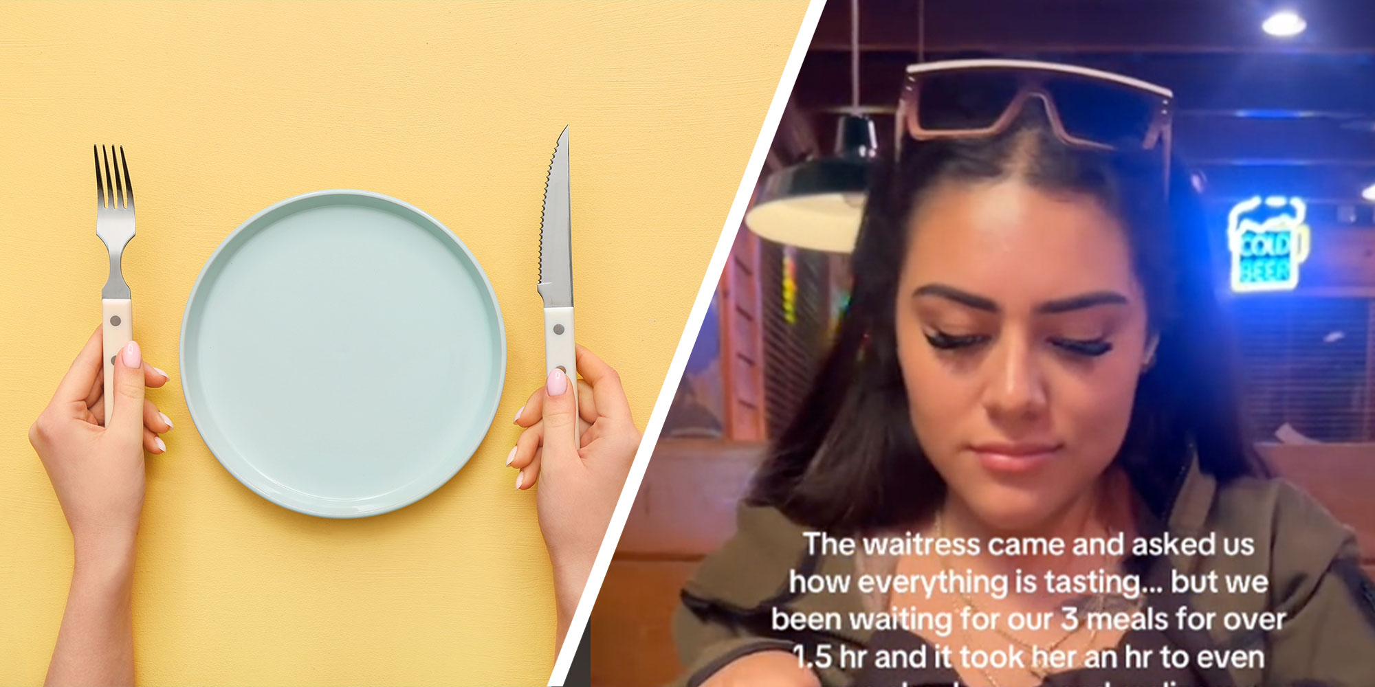 Two panel design with a person sitting at a plate holding a knife and fork, the 2nd panel shows a woman looking down, she appears to be in a restaurant.