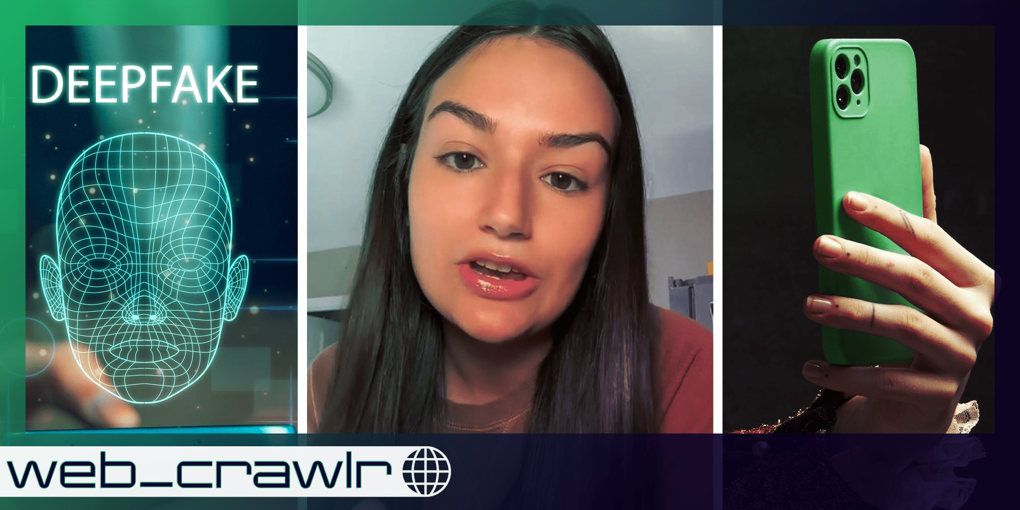 Phone projecting deepfake graphic(l), Woman talking(c), Hand holding phone(r)