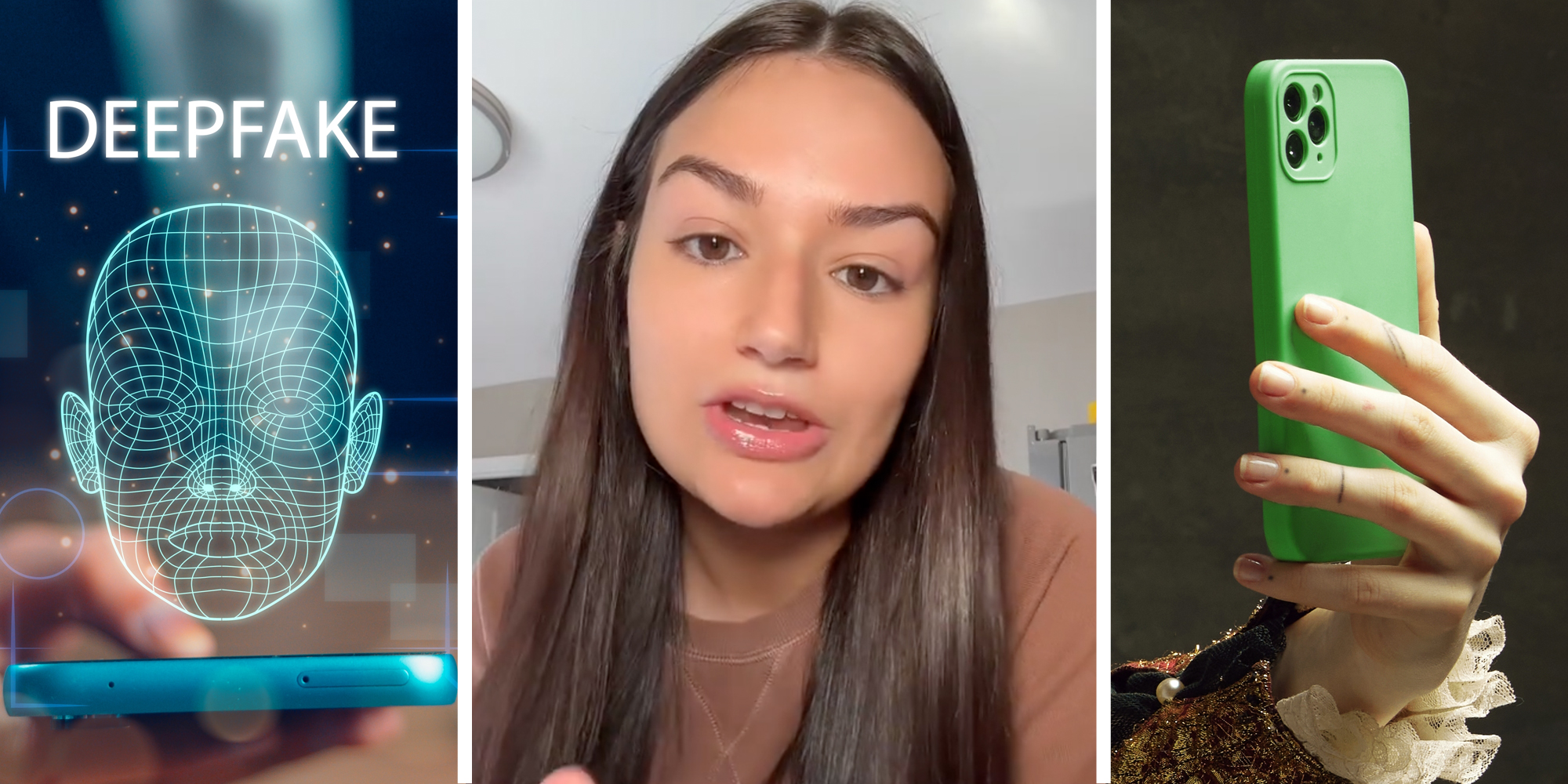 Phone projecting deepfake graphic(l), Woman talking(c), Hand holding phone(r)
