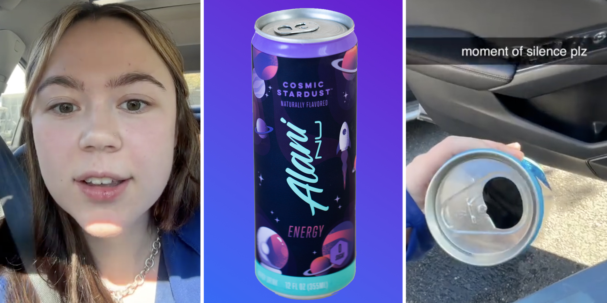 Woman talking(l), ALani nu can(c), Hand holding Alani Nu can with text that says "moment of silence plz"(r)