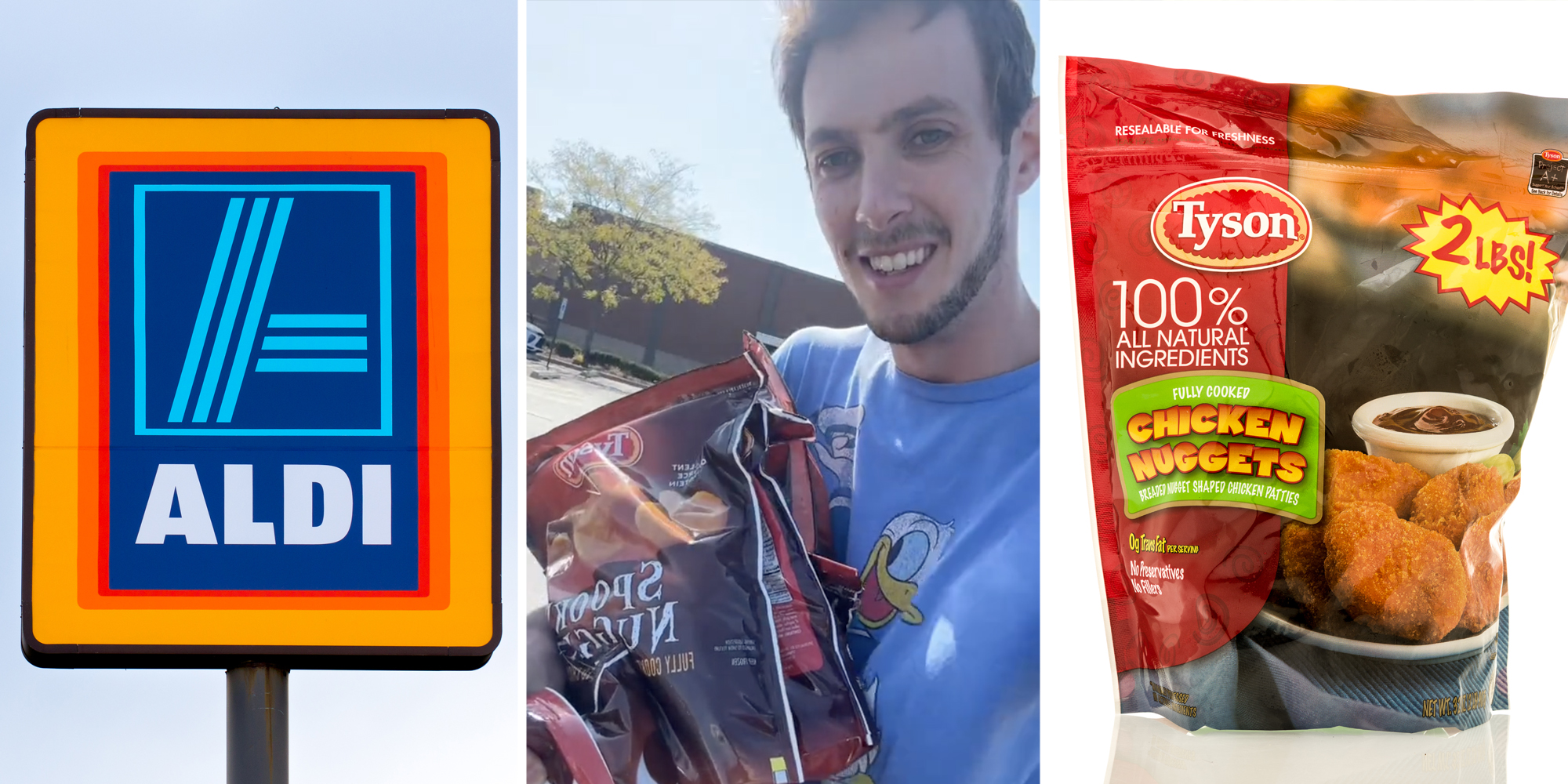 Aldi sign(l), Man with bags of frozen chicken nuggets(c), Tyson Chicken Nuggets(r)