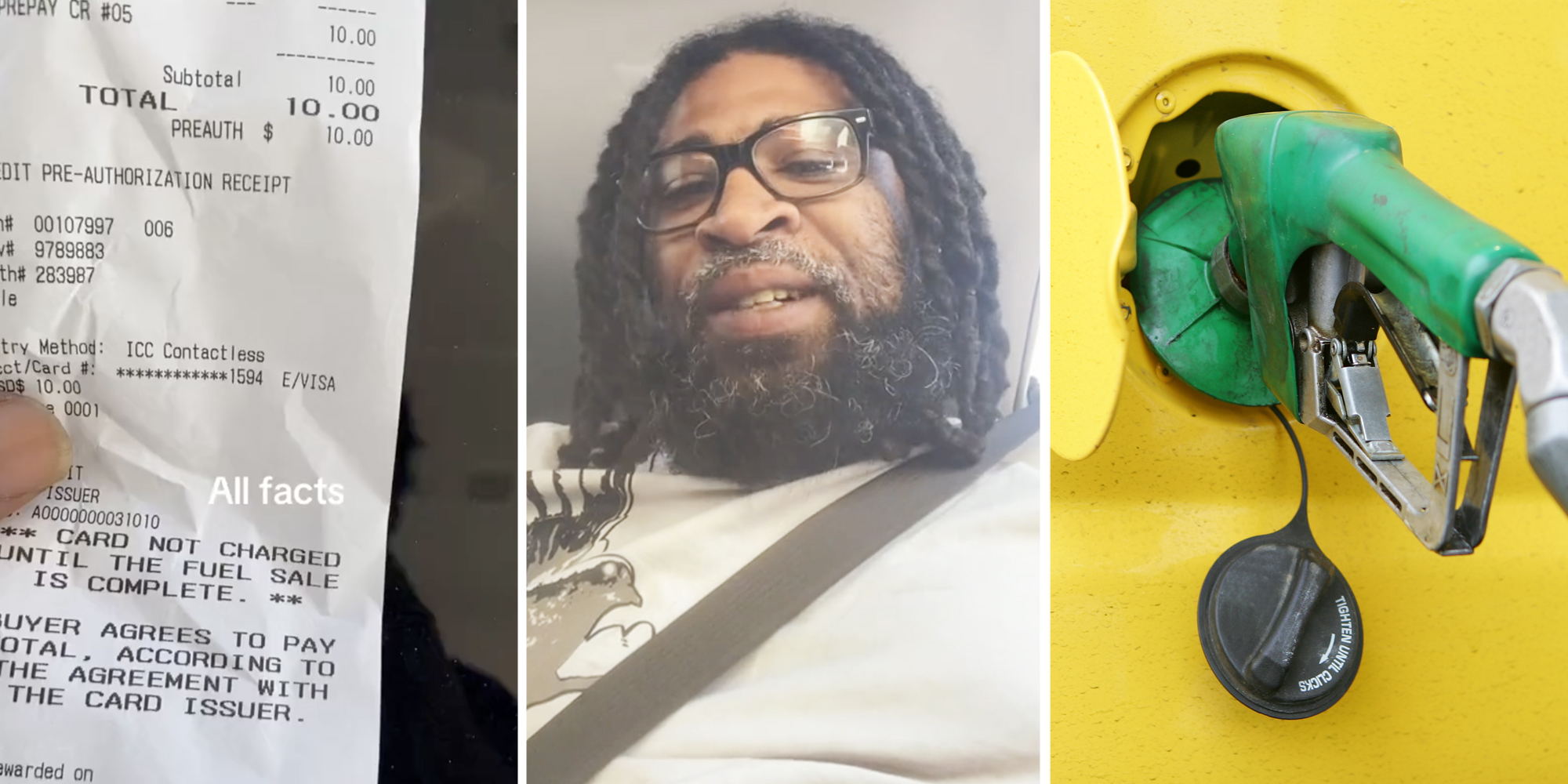 Hand holding receipt(l), Man talking(c), Gas in pump(r)