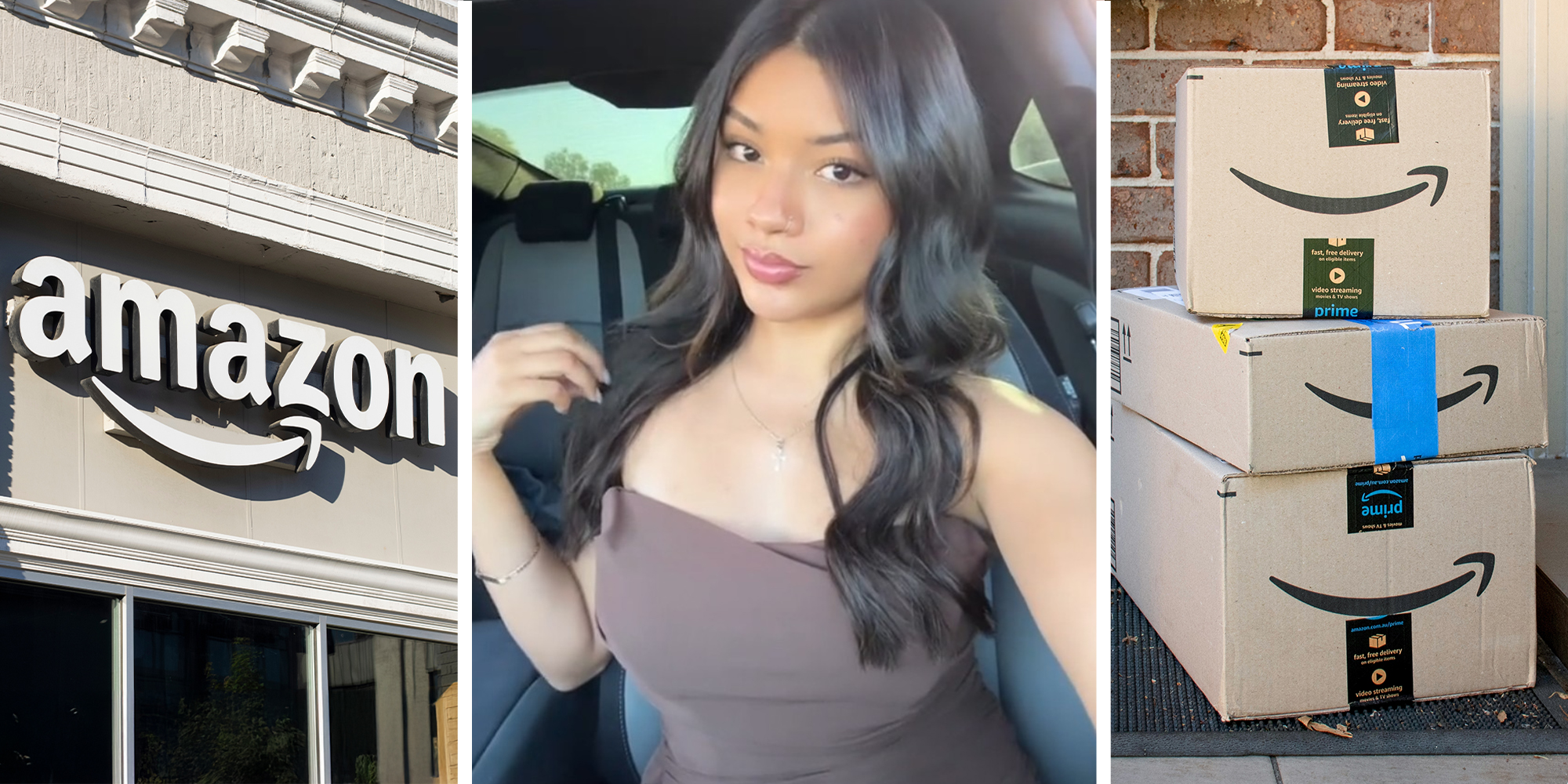 Amazon logo on building(c) Amazon worker sharing story on TikTok Platform(c) Amazon Boxes (r)