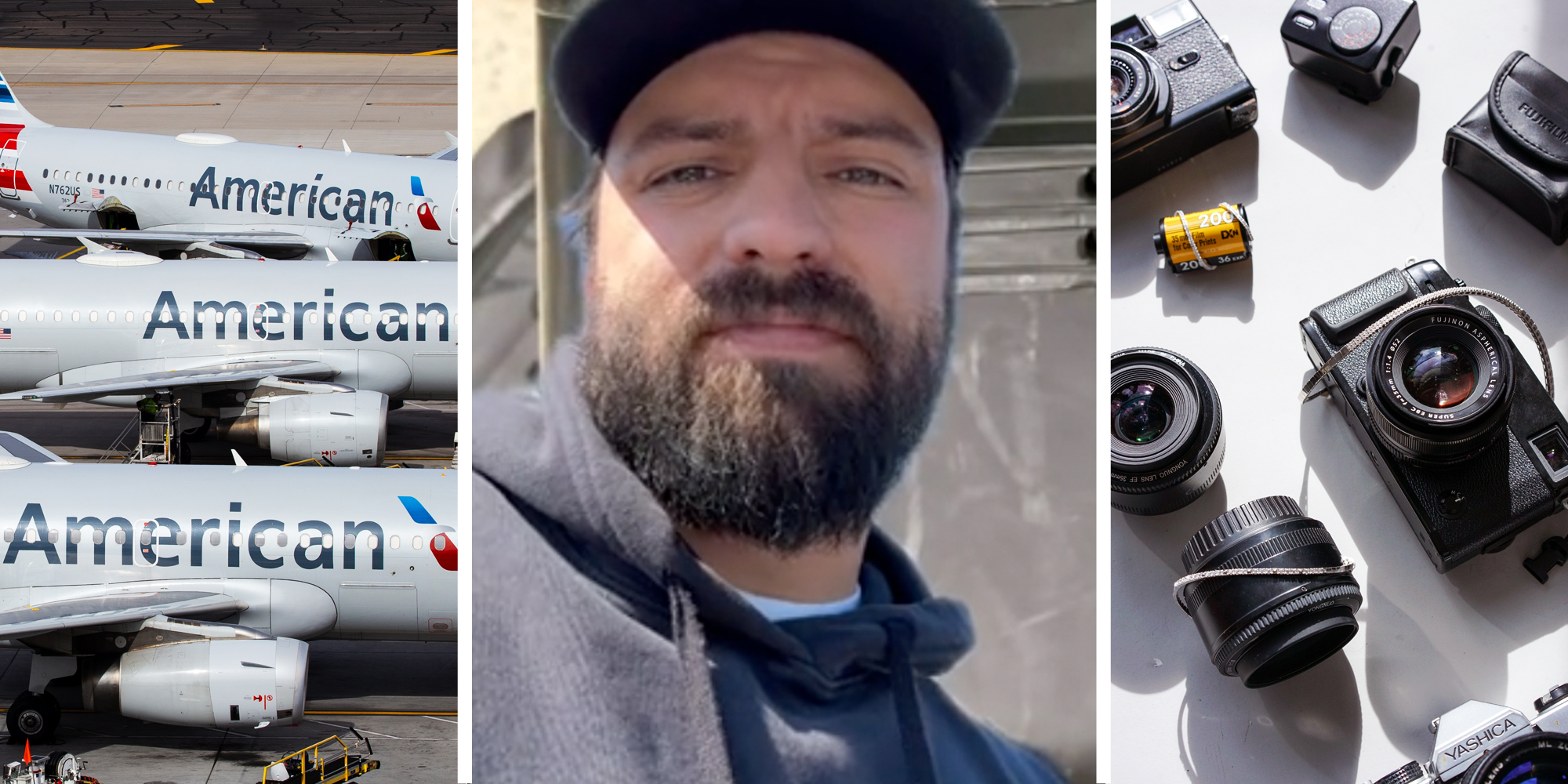 American Airline planes(l), Man talking(c), Camera equipment(r)