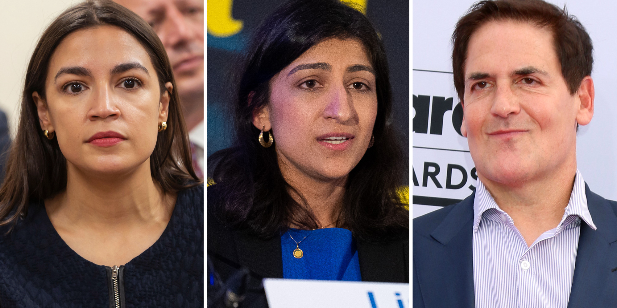 AOC(l), Lina Khan(c), Mark Cuban(r)
