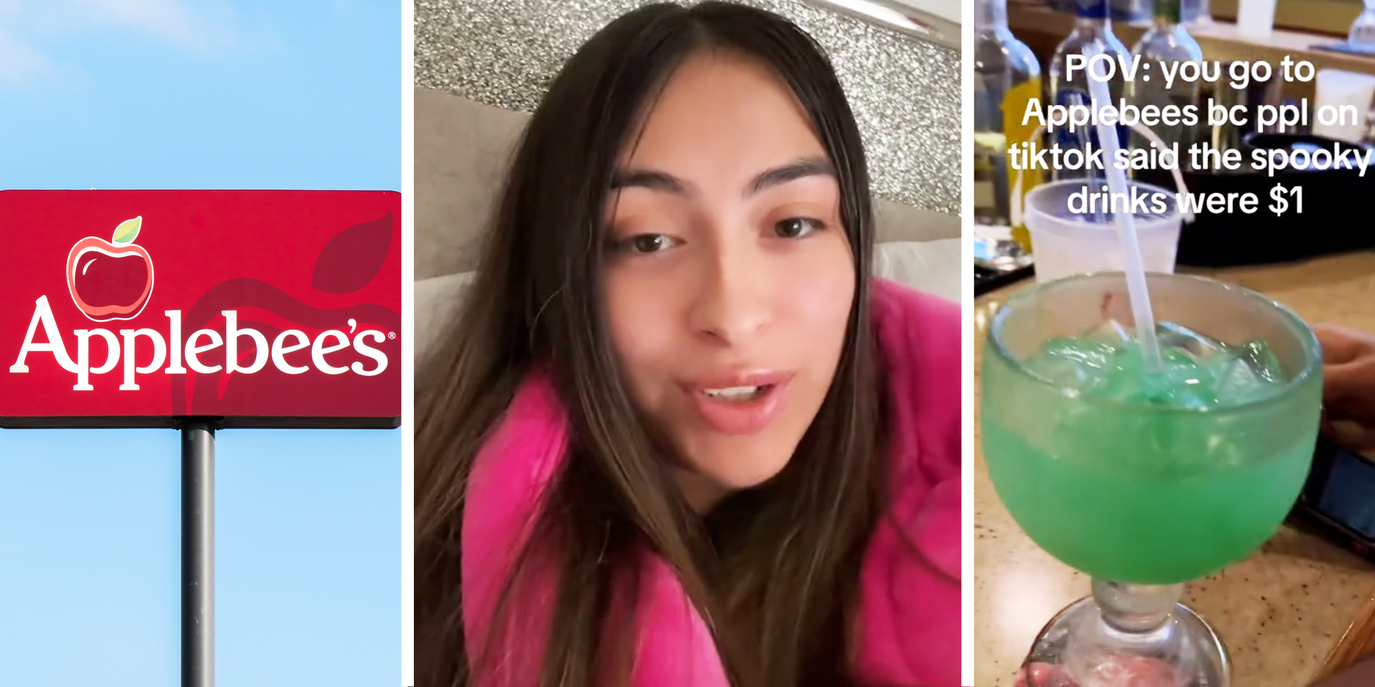 Applebee's sign(l), Woman talking(c), Applebee's drink with text that says "POV: you go to Applebee's bc ppl on tiktok said the spooky drinks were $1"(r)