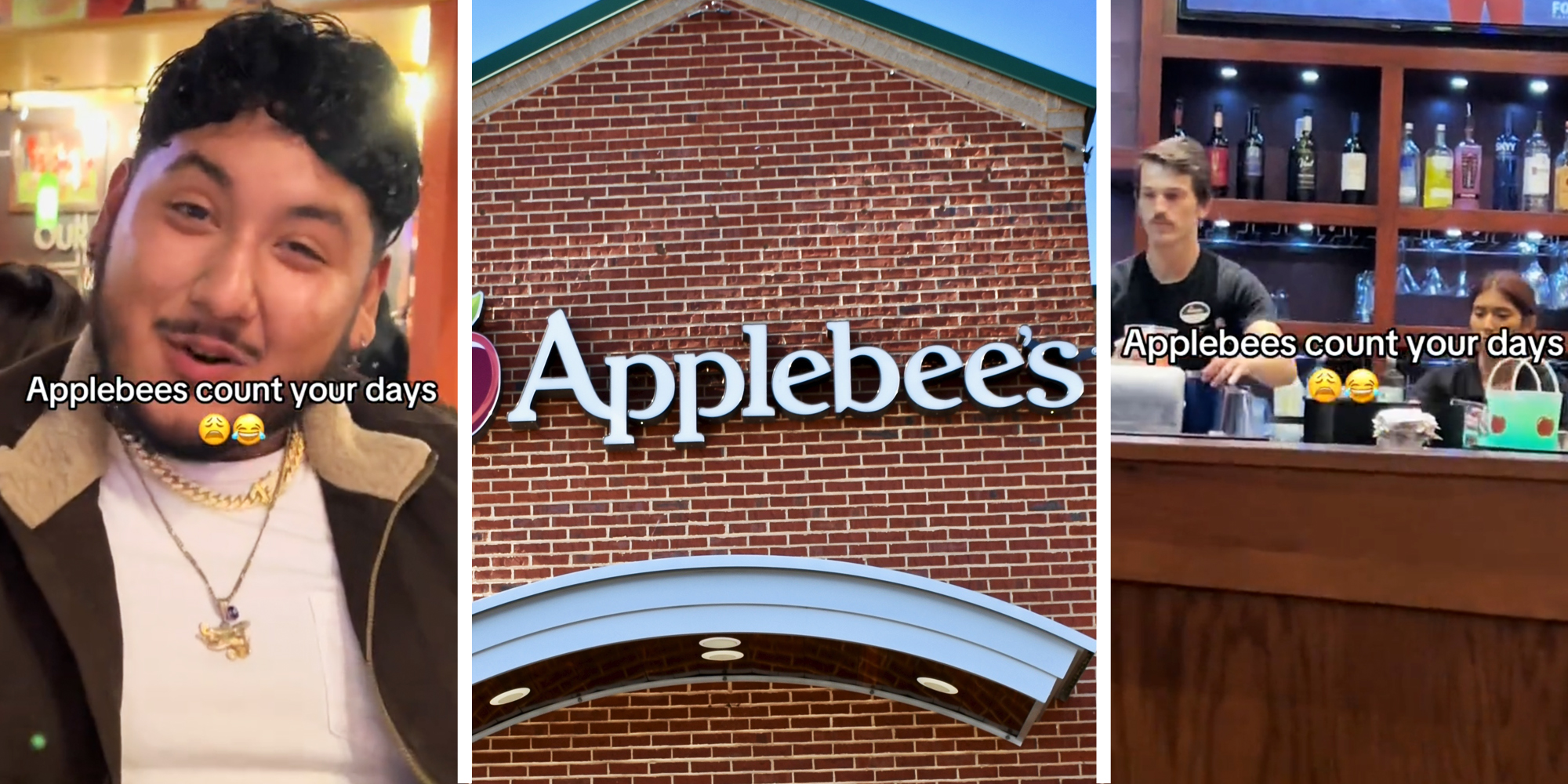 Man talking with text that says "Applebee's count your days"(L), Applebee's(c), Applebee's staff at bar(r)