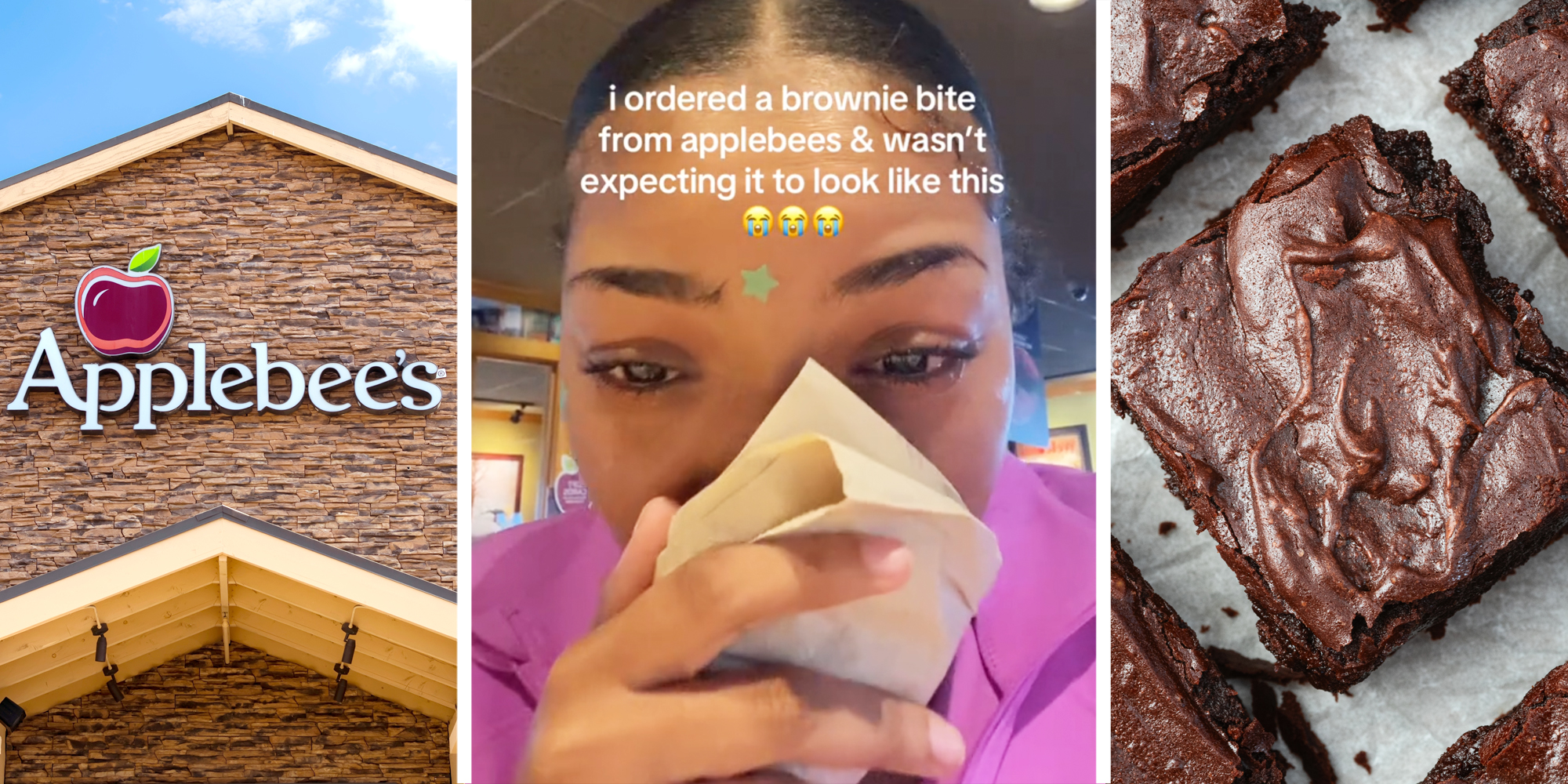 Applebee's(l), Woman with napkin over mouth and text that says "i ordered a brownie bite from applebees & wasn't expecting it to look like this"(c), Brownies(r)