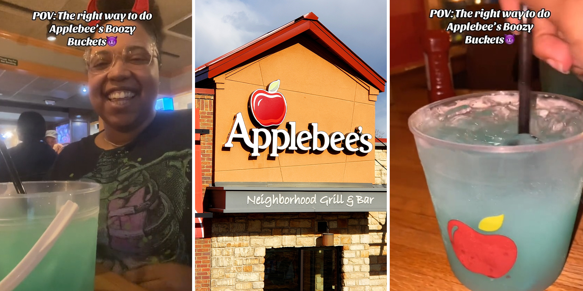 Woman inside Applebee's Restaurant(l) Applebee's Sign(c) Applebee's Bucket drink(r)