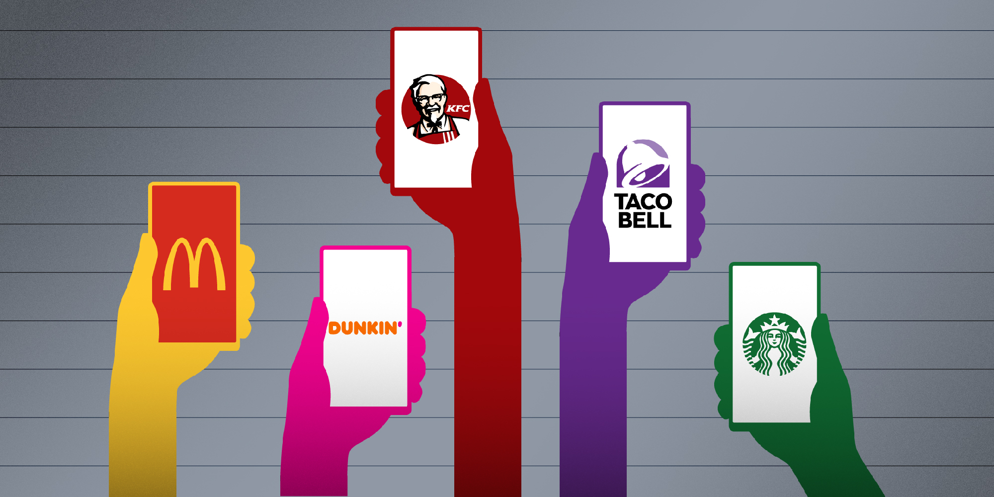 An illustration showing different brands represented by different colored arms each holding a cellphone with a different brand logo on it.