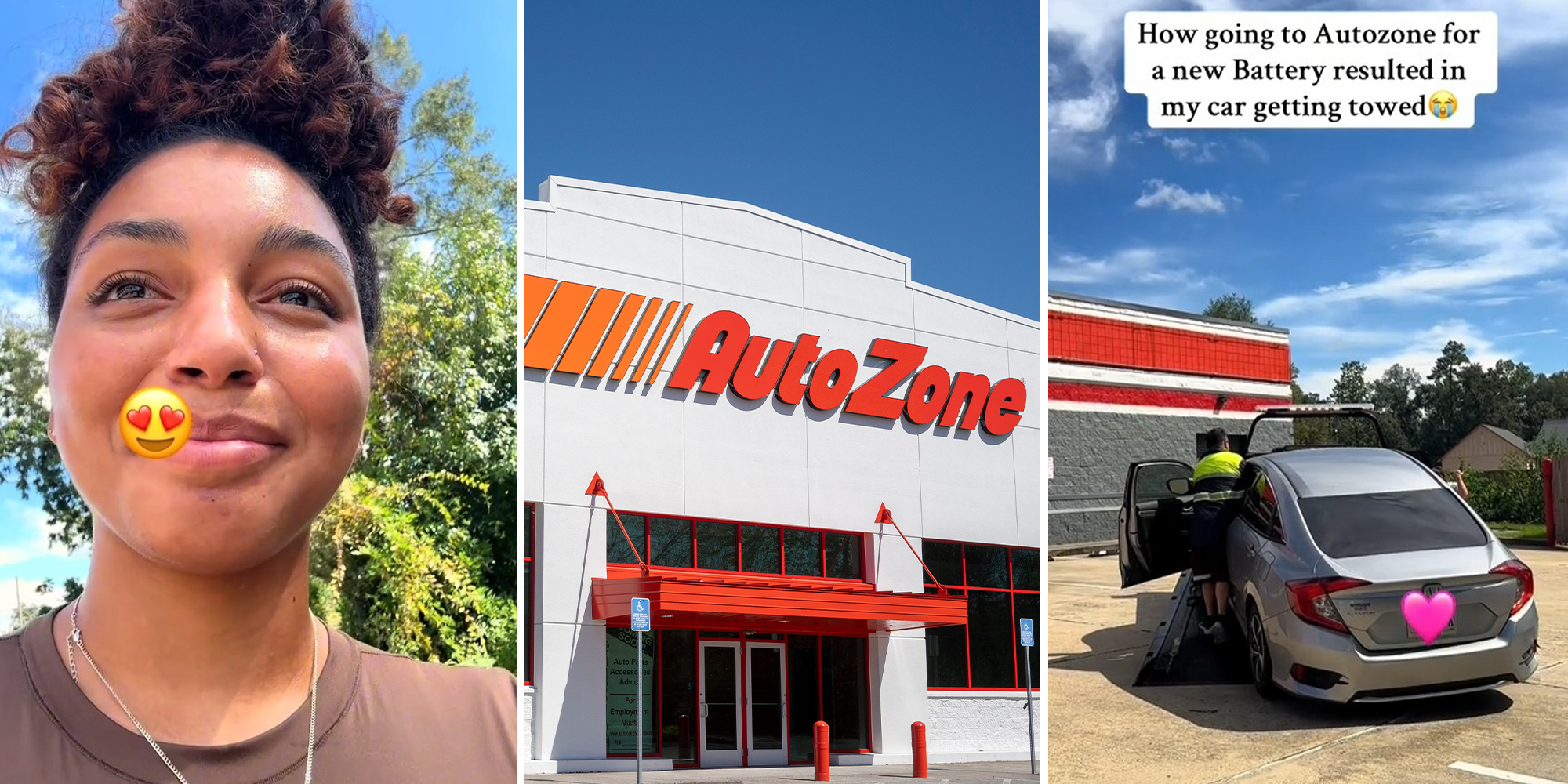 woman smiling(l) Autozone store front(c) Honda Being towed(r)