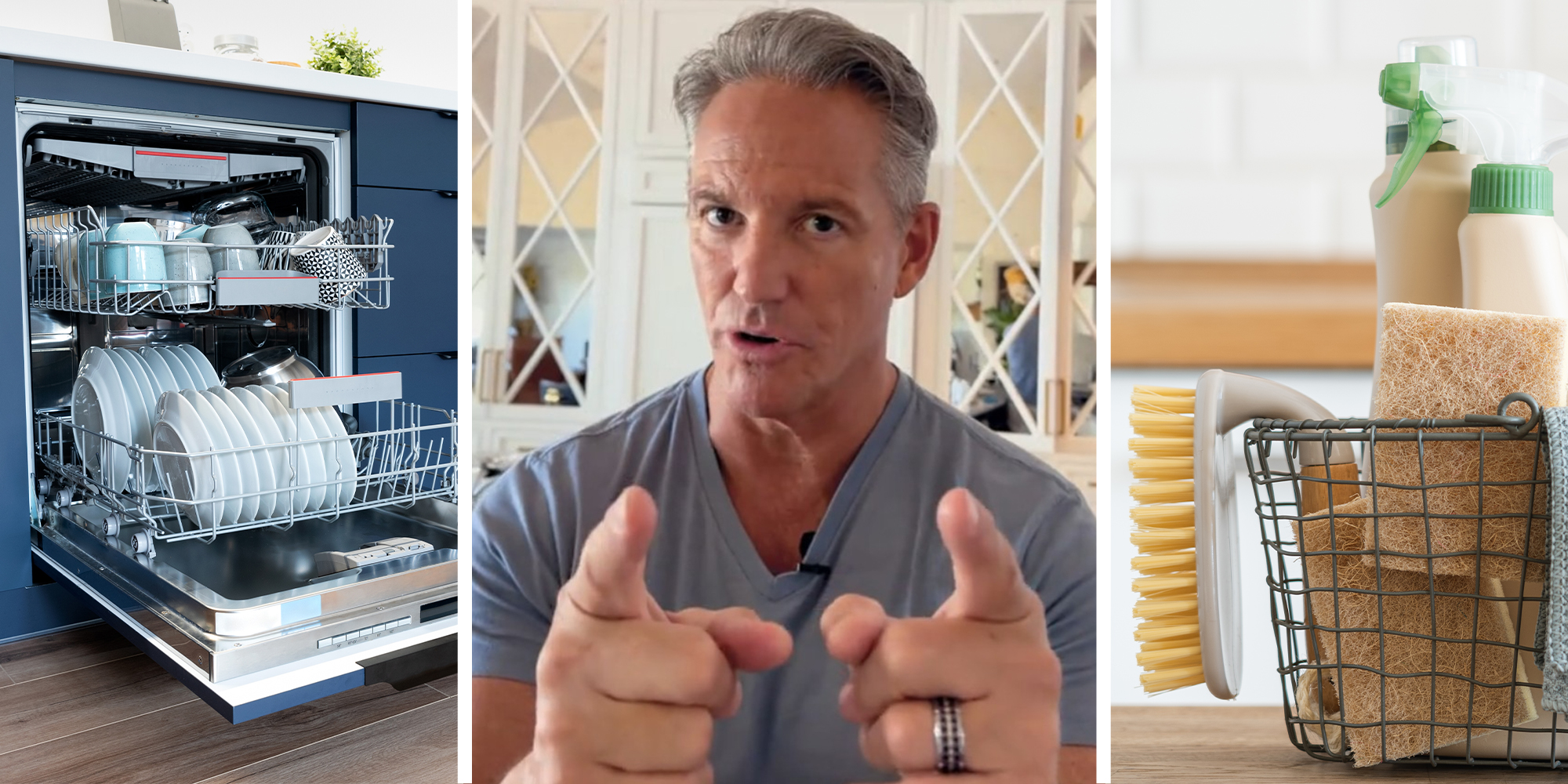 Loaded Dish Washer(l) Man pointing at camera with two hands(c) Cleaning utilities(r)