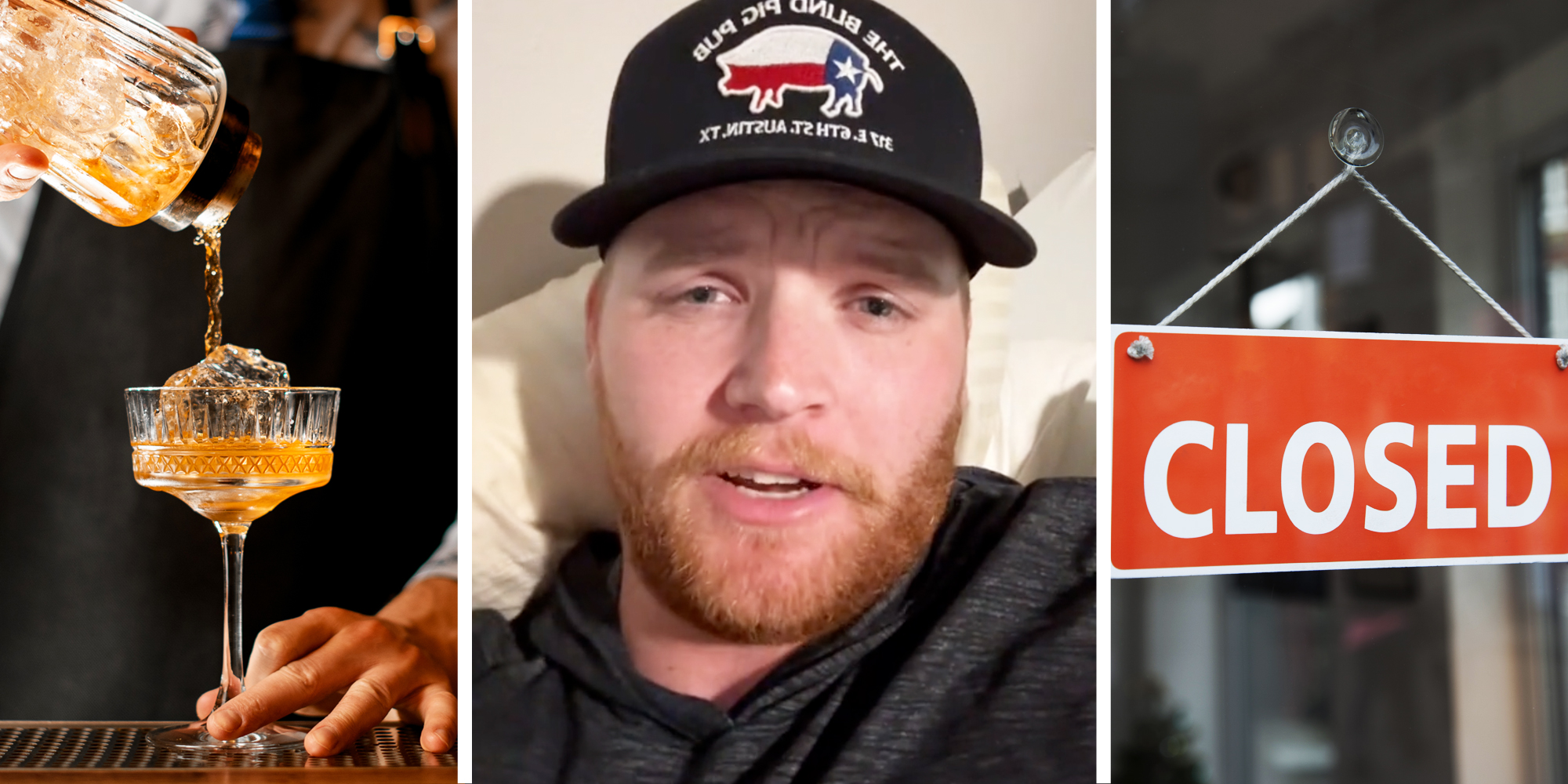 Bartender pouring drink(l), Man talking(c), Closed sign(r)