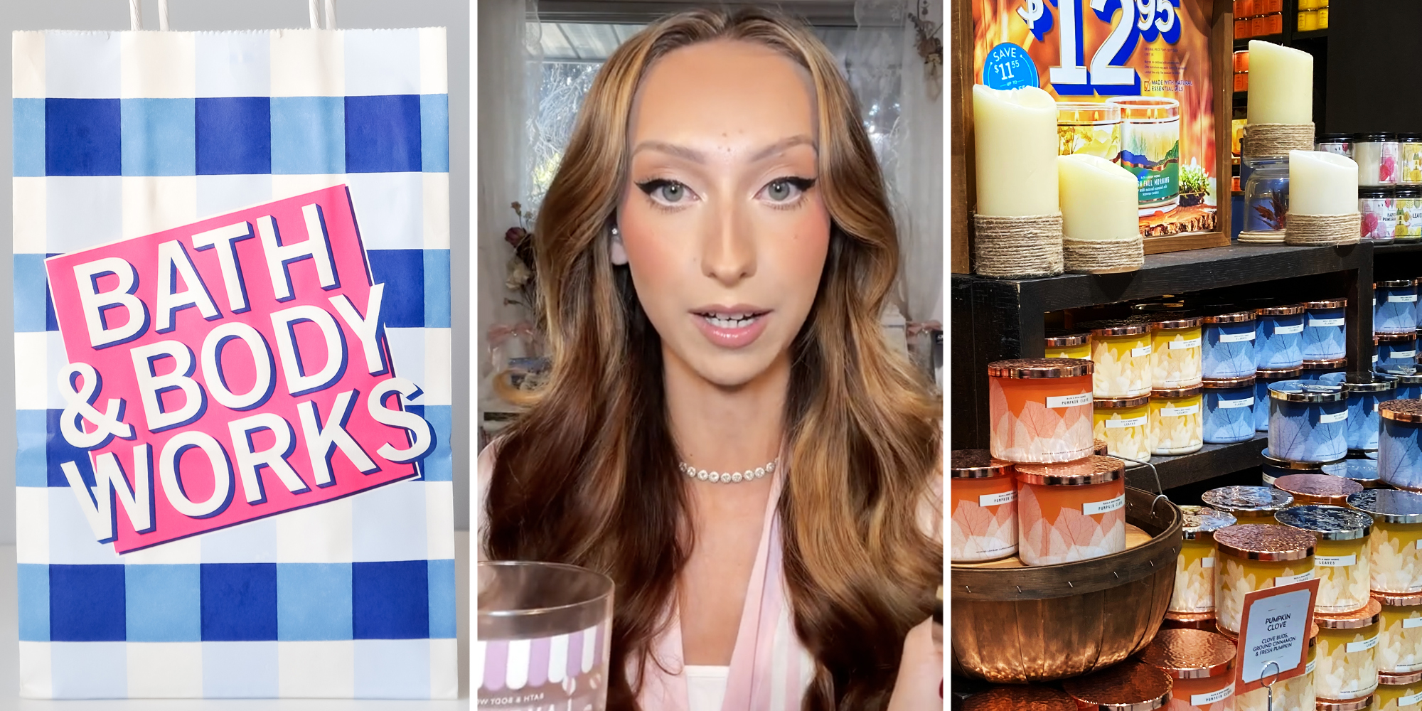 Bath & Body Works bag(l), Woman talking(c), Bath & Body Works candle display(r)