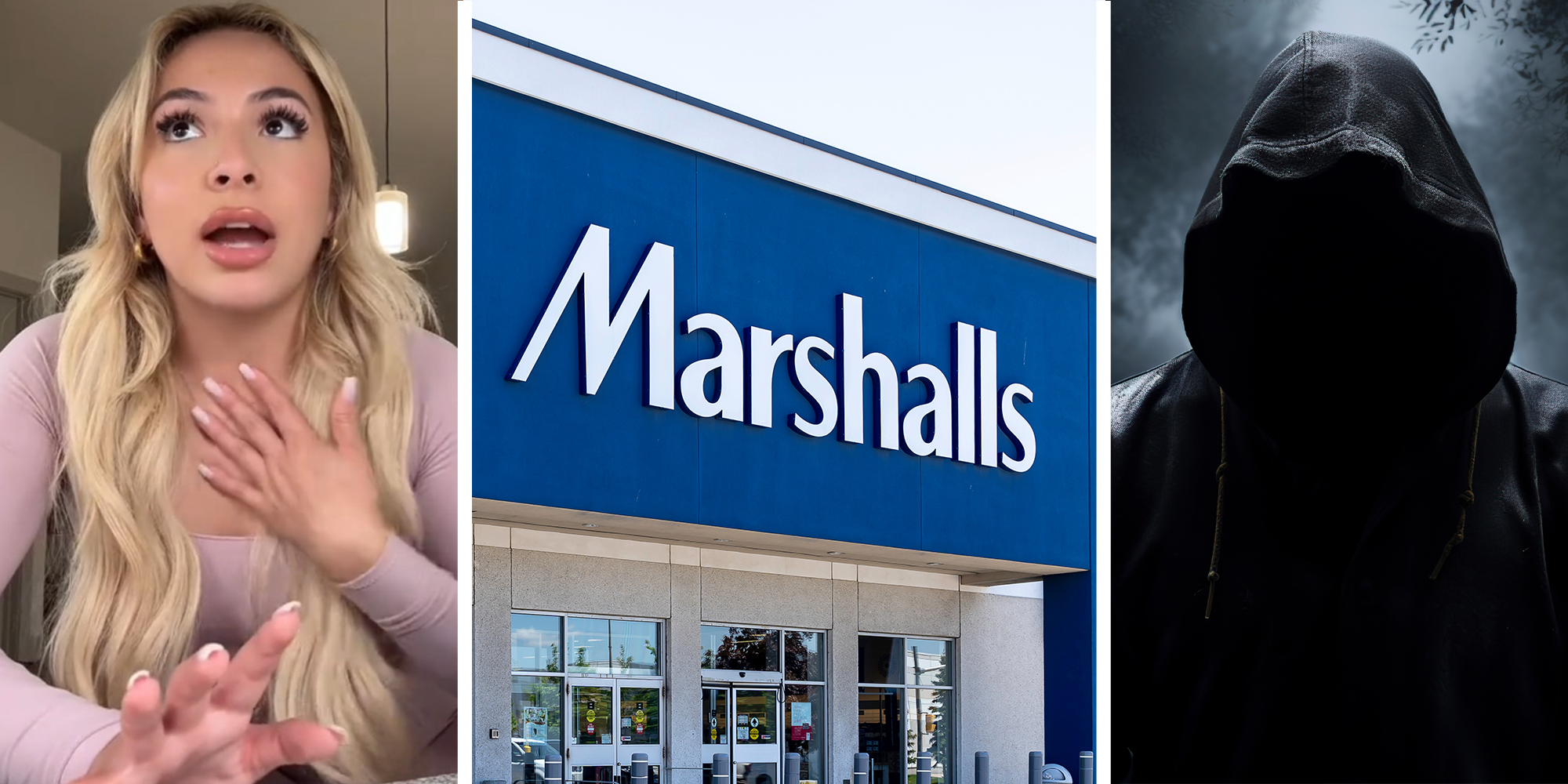 Woman shocked(l) Marshalls Store Front(c) Man wearing hoodie(r)
