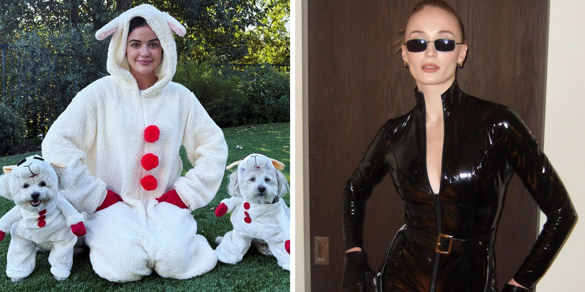 Lucy Hale and her dogs in lamb chop costumes(l), Sophie Turner as character from the matrix(r)