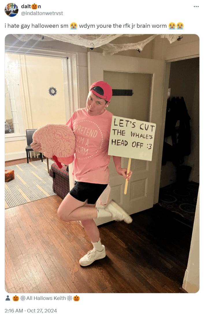 Halloween costume of the "rfk jr brain worm"