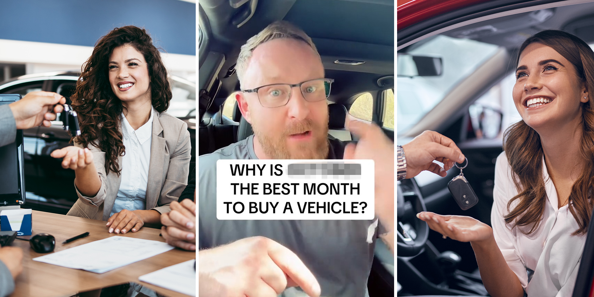 Woman receiving keys at dealer(l) Man stating which month is the best to buy a car(c) Woman Smiling receiving keys while inside new car(r)