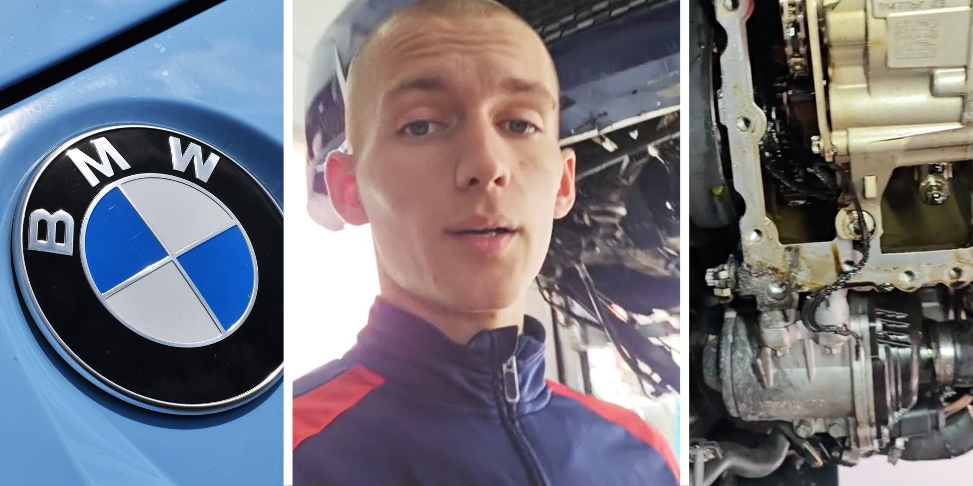 BMW logo(l), Man talking(c), Engine of car(r)