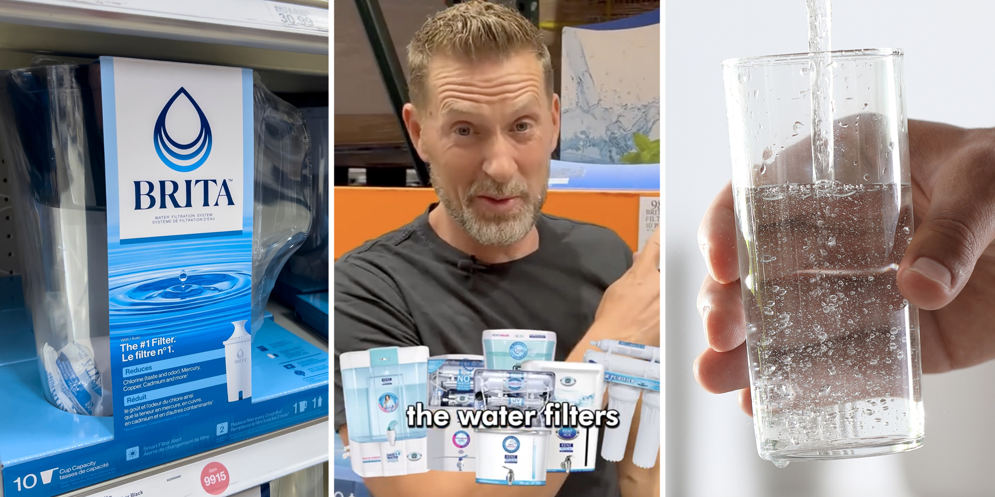Brita Pitcher(l), Man talking with images of water filters beneath him(c), Hand holding glass being filled with water(r)