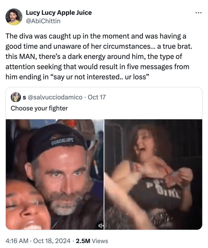 Brittany Broski Apple dance crasher and Kelley Heyer crasher in a "choose your fighter" meme format. Quote retweet reads, "The diva was caught up in the moment and was having a good time and unaware of her circumstances… a true brat. this MAN, there’s a dark energy around him, the type of attention seeking that would result in five messages from him ending in 'say ur not interested.. ur loss'"