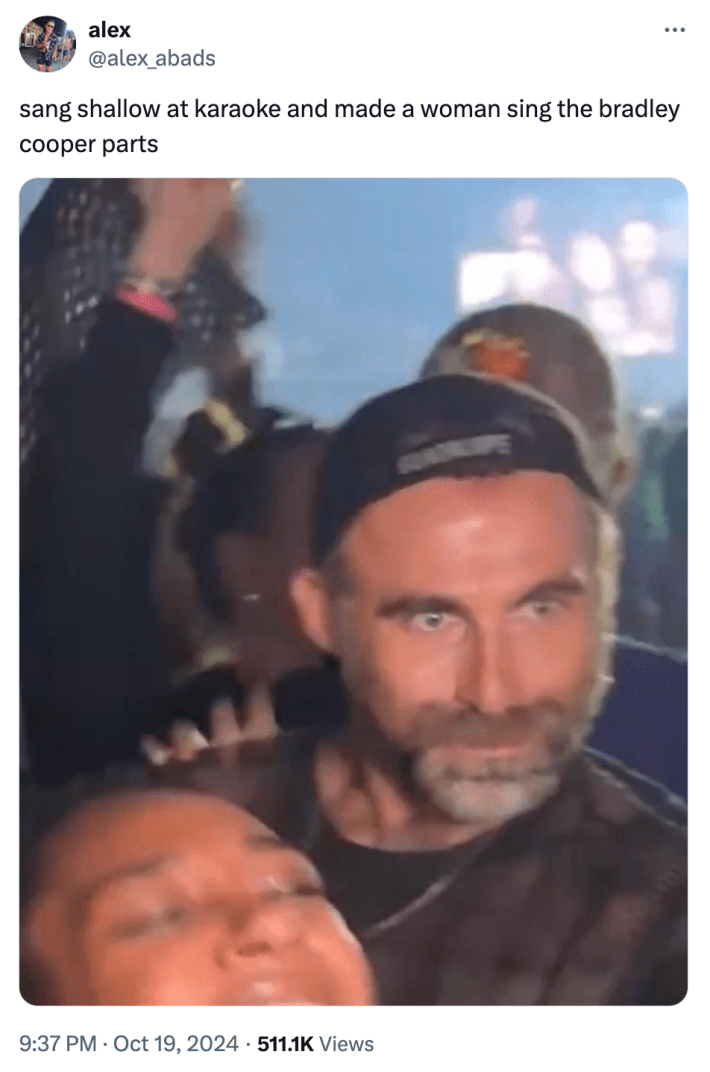 Brittany Broski Apple dance crasher meme. Tweet reads, "sang shallow at karaoke and made a woman sing the bradley cooper parts"