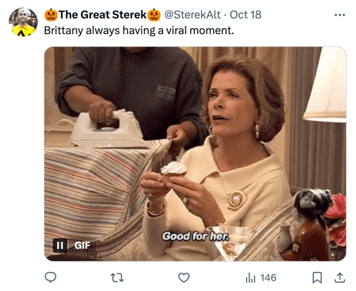 Brittany Broski Apple dance crasher comment reads, "Brittany always having a viral moment." with the "Good for her" GIF.