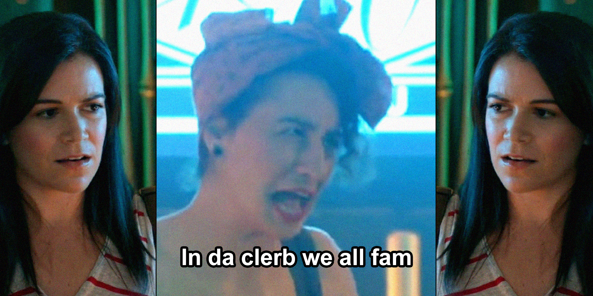 Characters from the television show Broad City share a funny moment when Ilana says, "In da clerb we all fam."