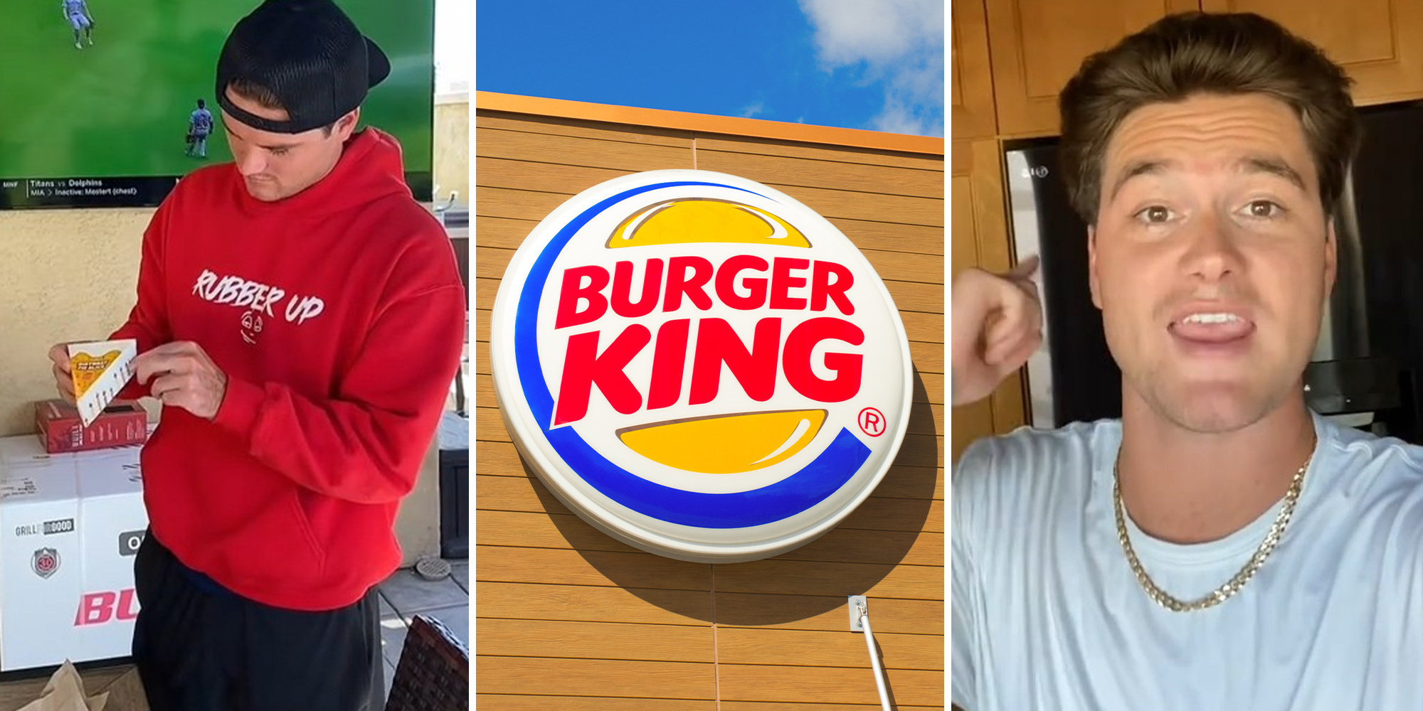 Man holding burger king cake(l) Burger King sign(c) Man wearing white t shirt and gold chain(r)
