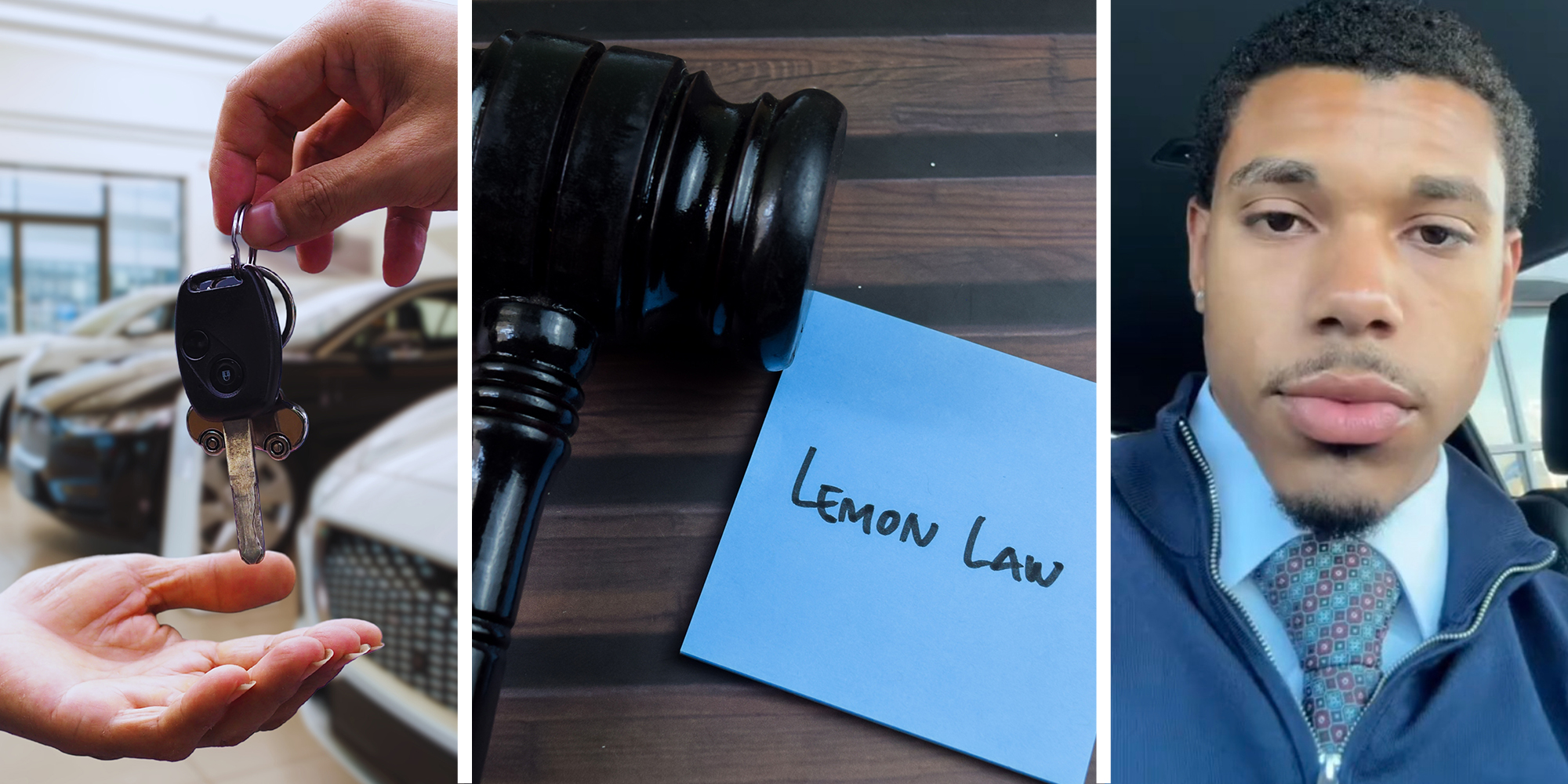 Dealer Keys(l) Lemon Law and Gavel(c) Car Dealer Salesman(r)