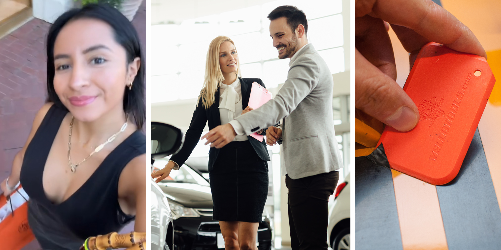 Woman walking around carrying orange bag(l) Car Dealer(c) Peeling off car decal(r)