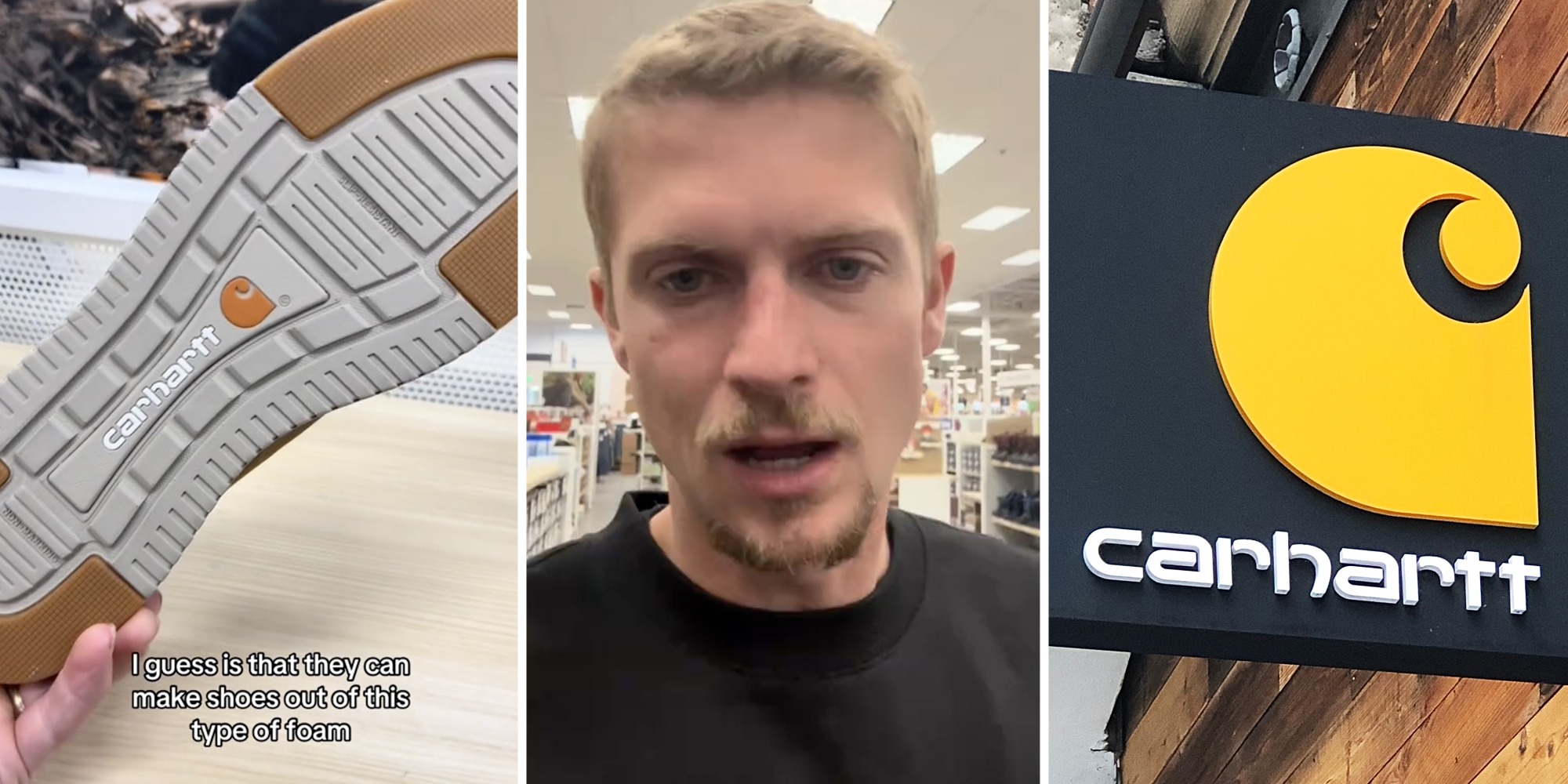 Hand holding Carhartt shoe with text that says "I guess is that they can make shoes out of this type of foam"(l), Man talking(c), Carhartt sign(r)