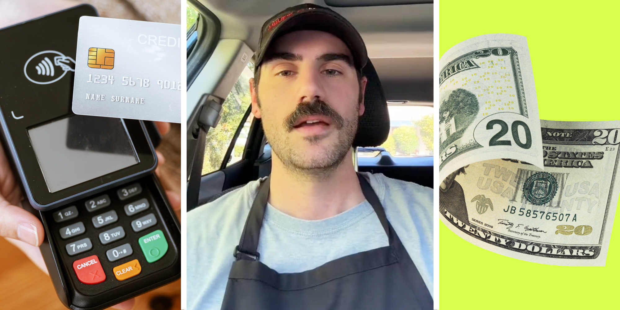 Credit card at card reader(l), Man talking(c), $20 bill(r)