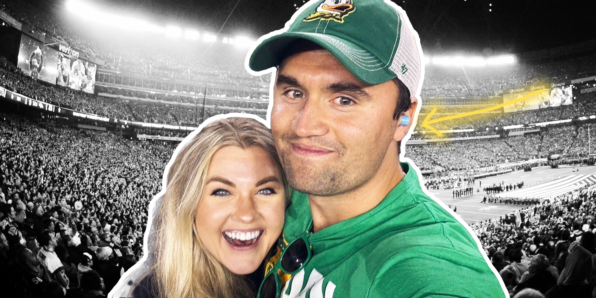 Charlie Kirk and girl in front of football Stadium