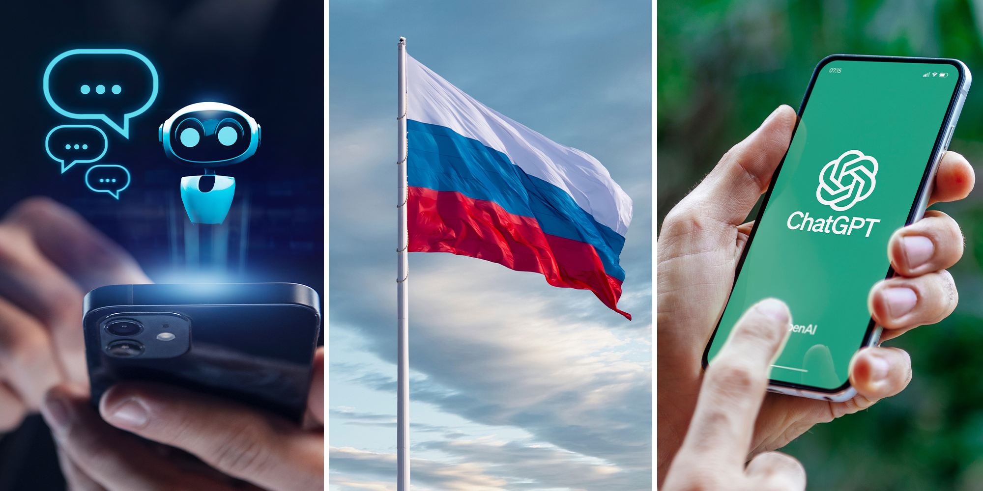 Chat bot Ai on phone(l) Russian Flag(c) Chat GPT displayed on phone (r)