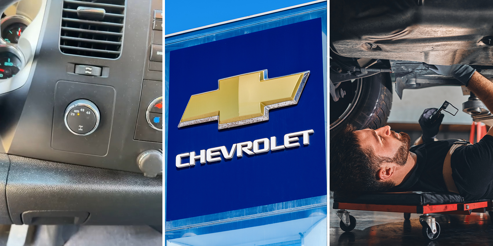 4 Wheel Drive (l) Chevrolet dealer sign(c) Mechanic checking under vehicle