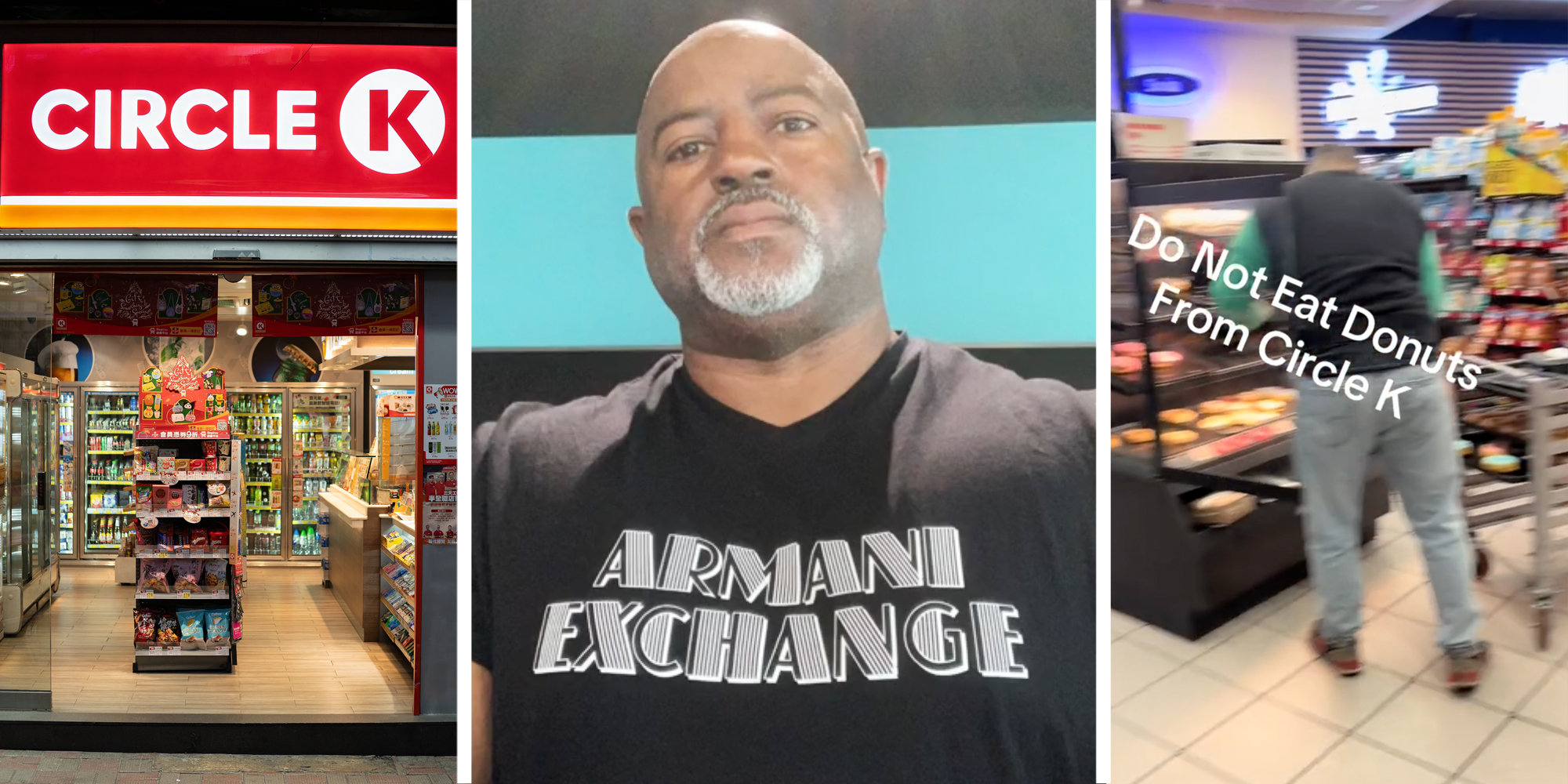 Circle K storefront(l), Man talking(c), Circle K worker at donut cabinent(r)