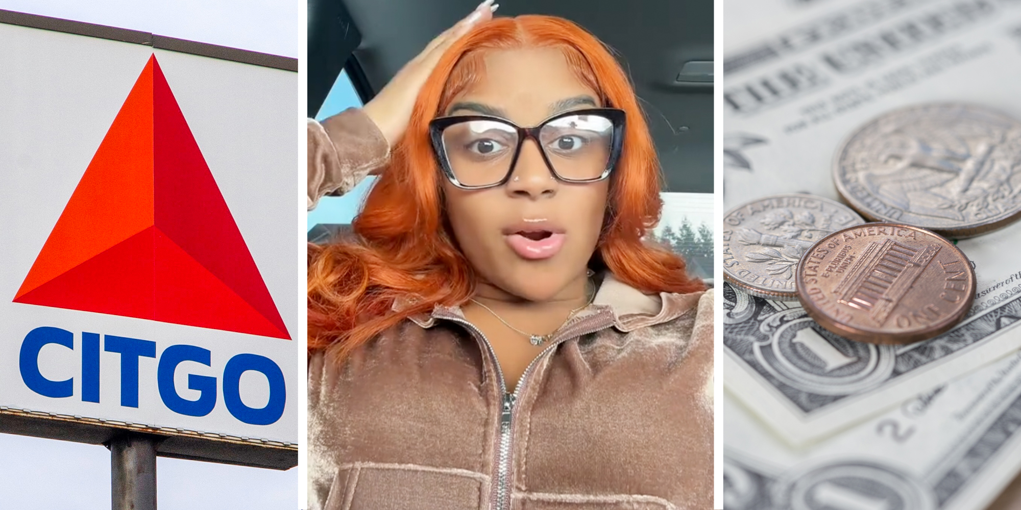 Citgo sign(l), Woman looking shocked(c), Coins and dollar bills(r)