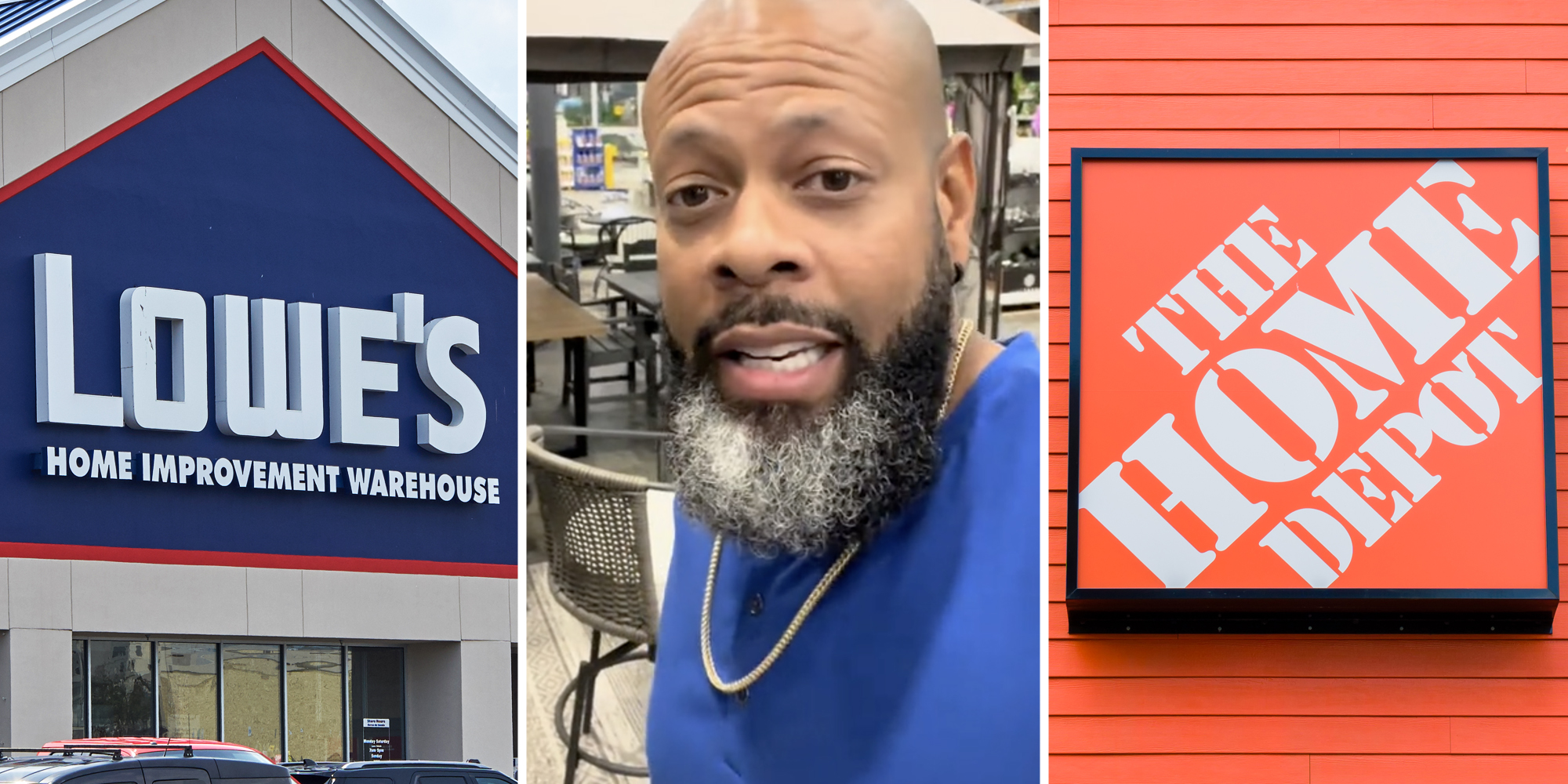 Lowe's storefront(l), Man talking(c), Home Depot sign(r)