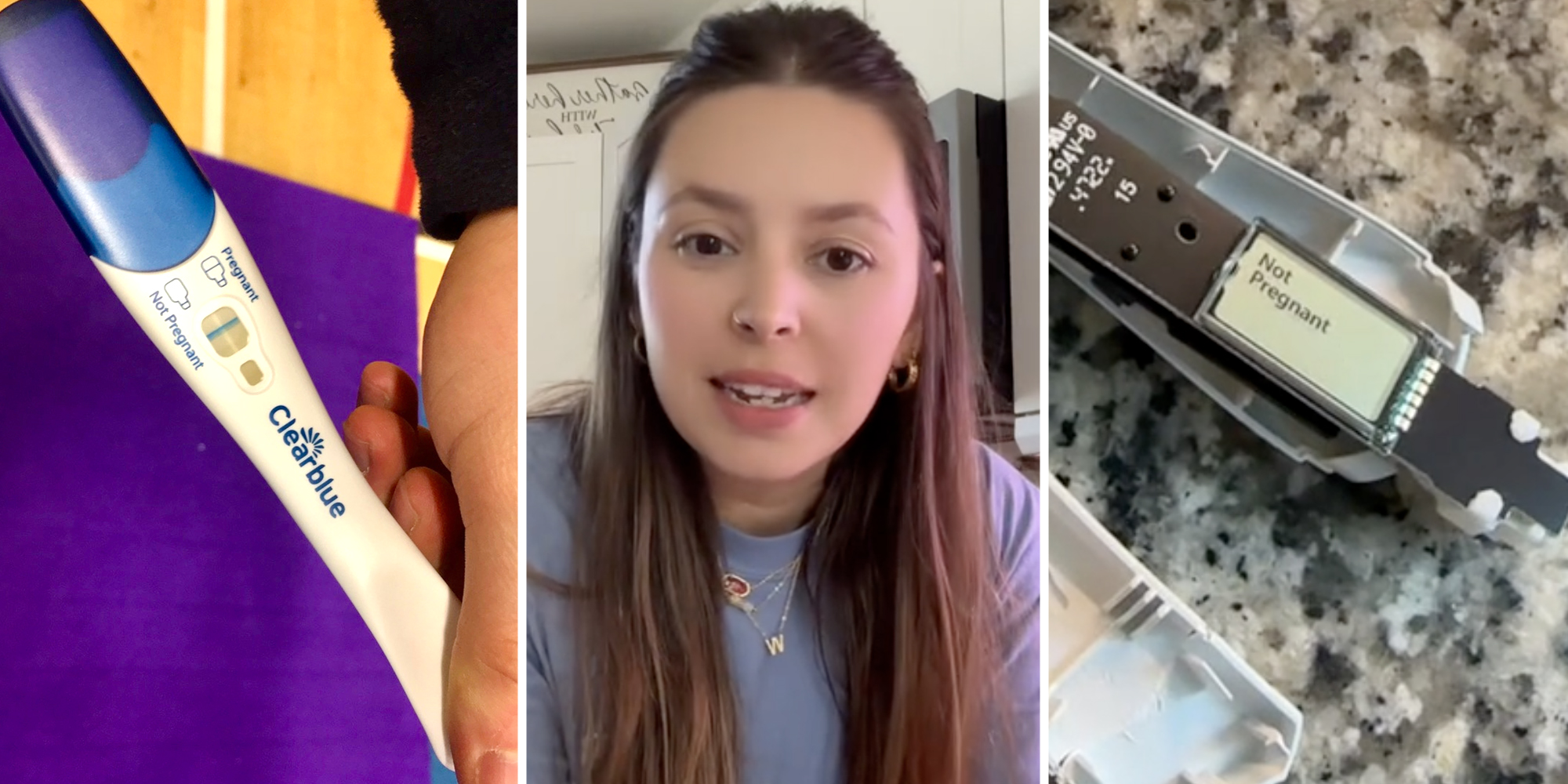 Clearblue Pregnancy test(l), Woman talking(c), Opened pregnancy test that says "not pregnant"(r)