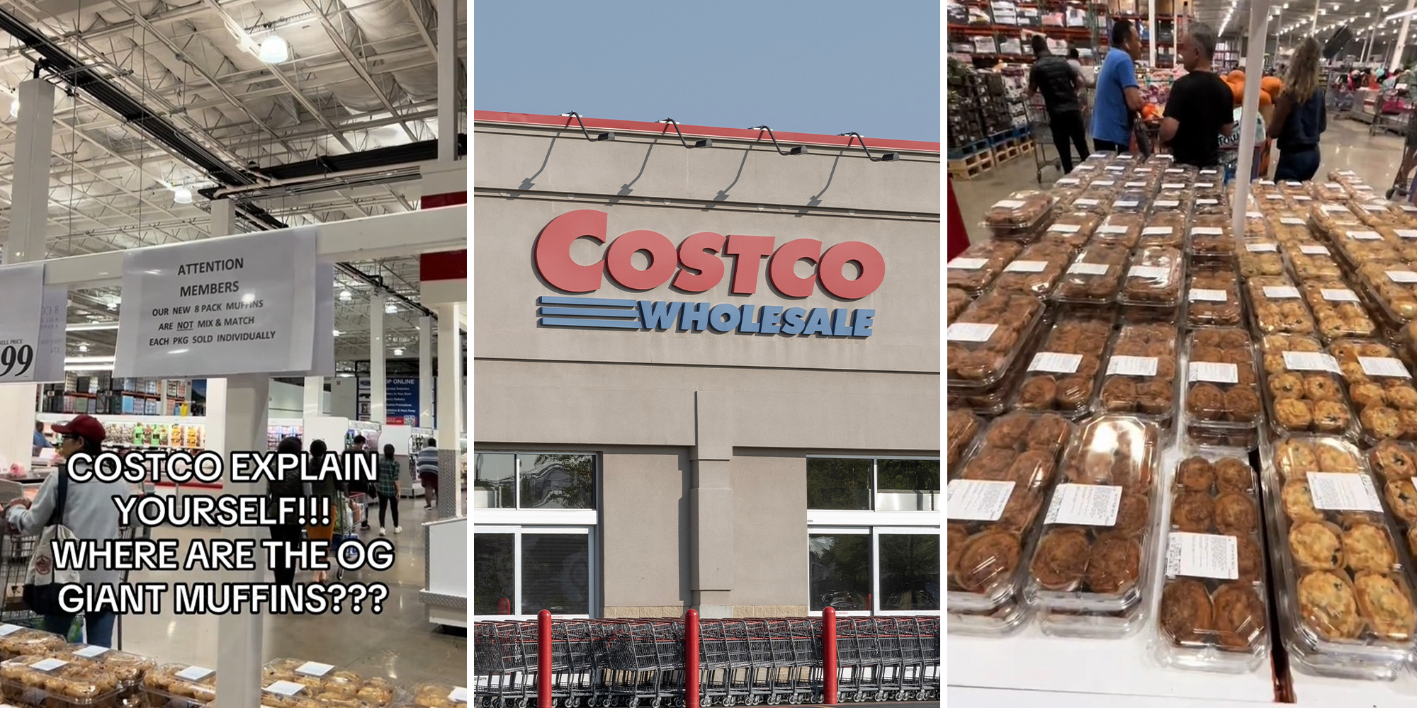 Costco Sign(l) Costco Store Front(c) Costco Muffins lined up on display(r)