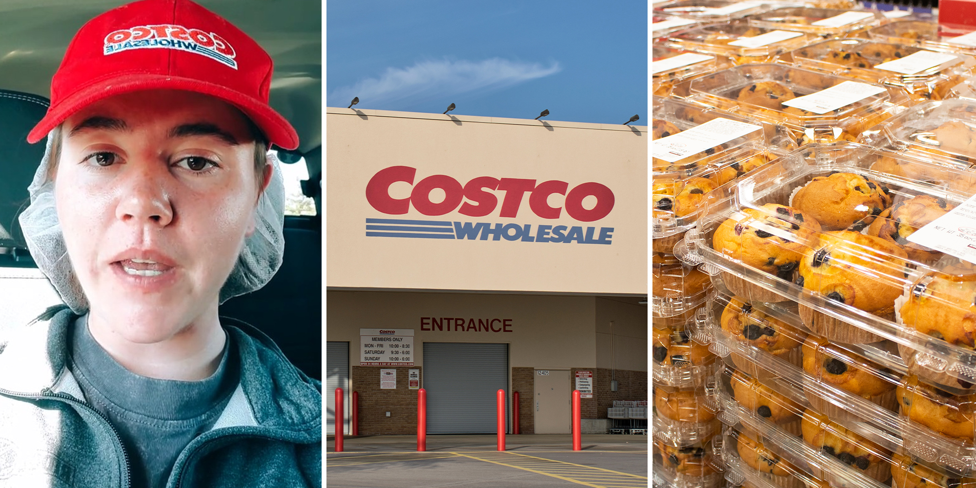 Costco Worker(l) Costco Store Front(c) Costco Muffins(r)