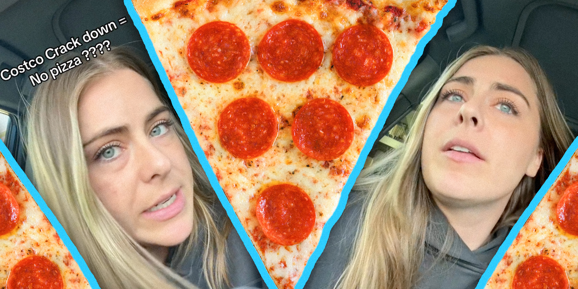 A woman is bordered by pizza slices with the text, "Costco Crack down = No pizza????" Overlaid on it.